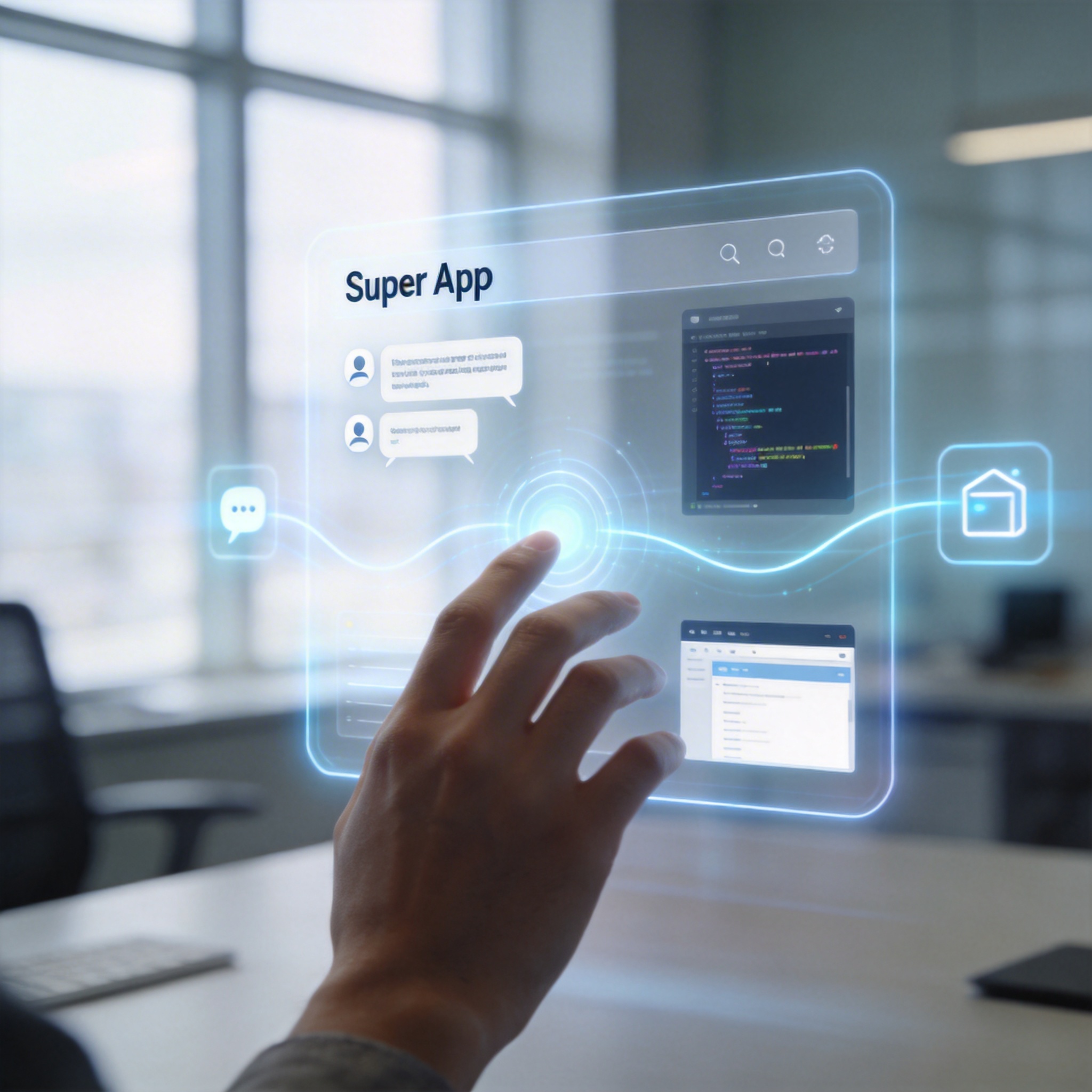 Conceptual image of a unified 'Super App' interface on a translucent screen.