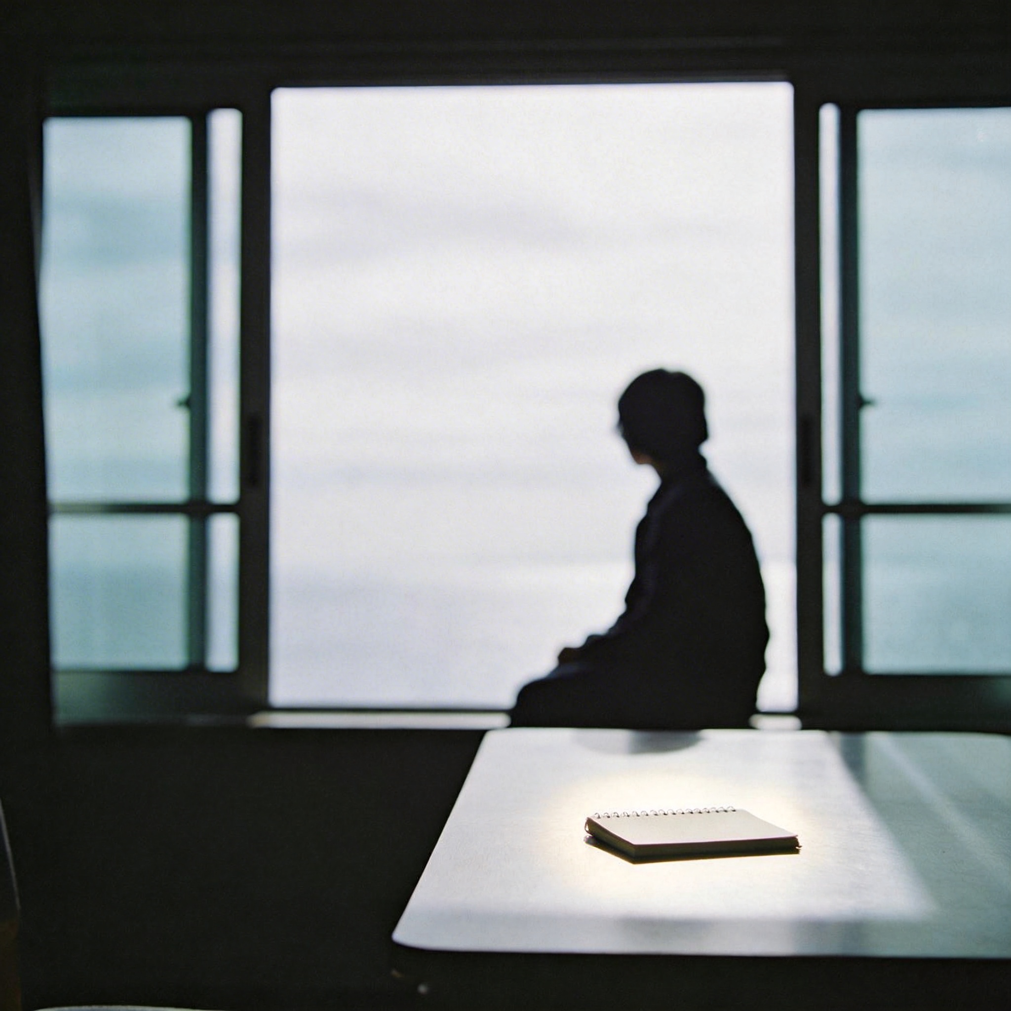 Person silhouetted by a window, contemplating, symbolizing mental idleness for creativity.