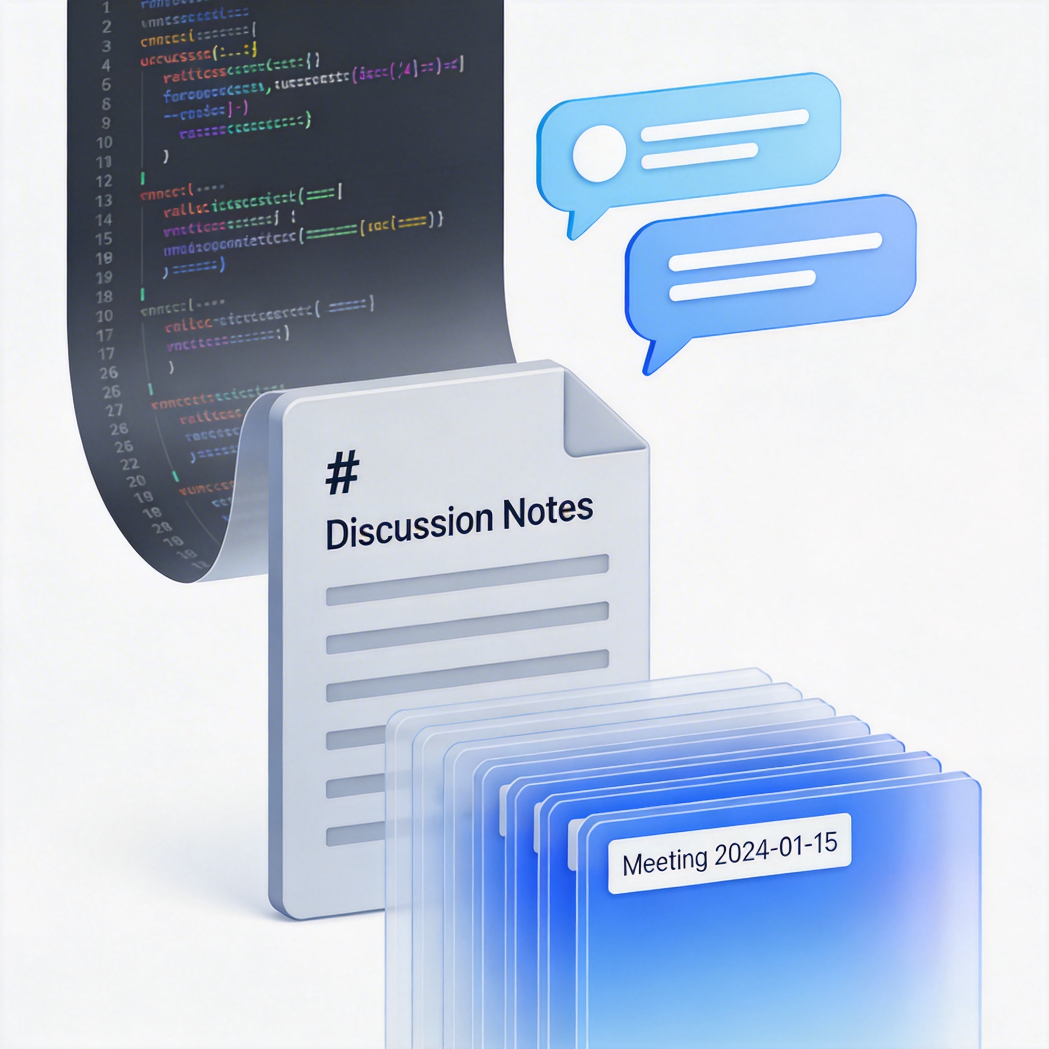 Digital conversation transforming into a Markdown file icon, symbolizing the '/export' command for archiving discussions.