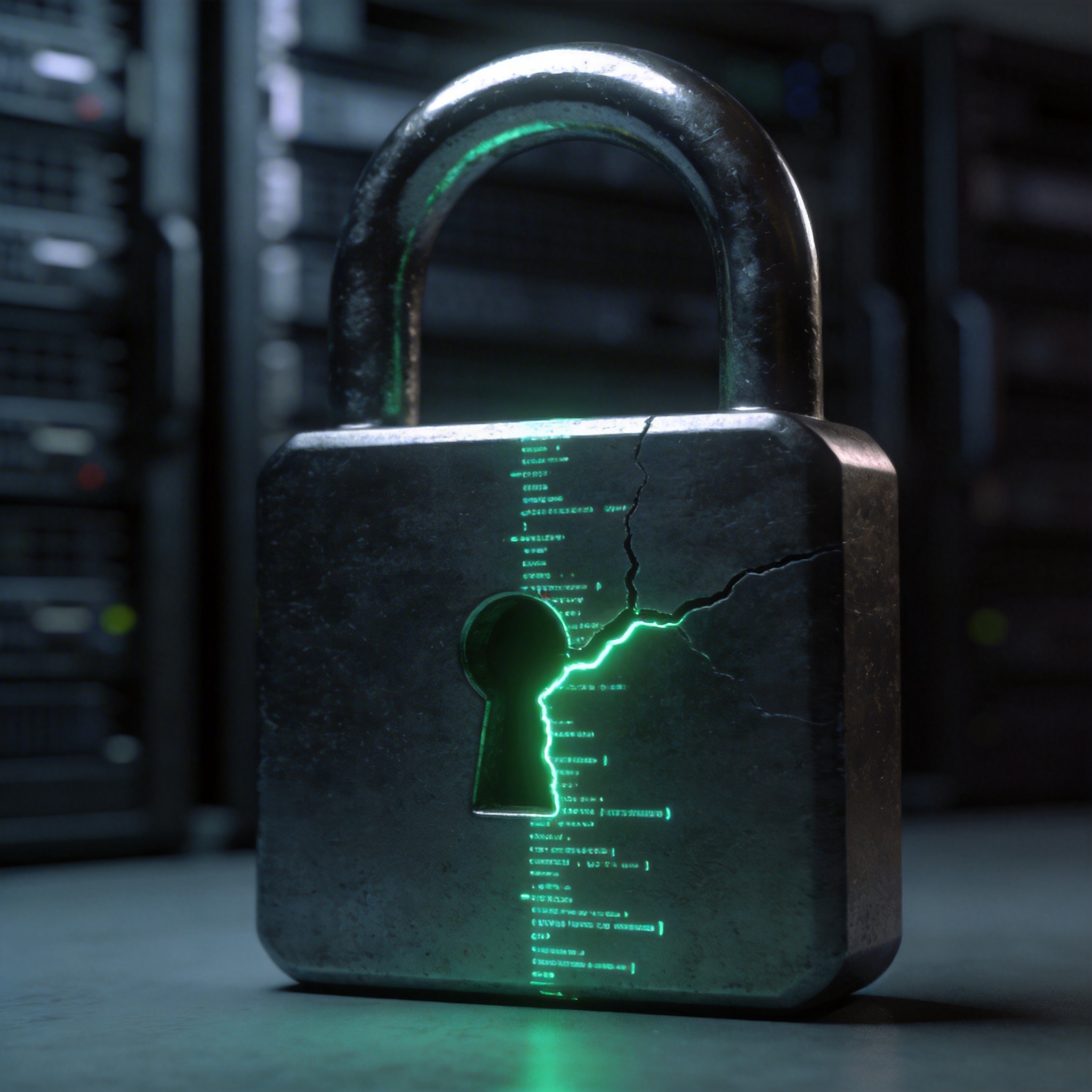 Digital padlock with a glowing line of code cracking its structure, symbolizing autonomous vulnerability discovery.