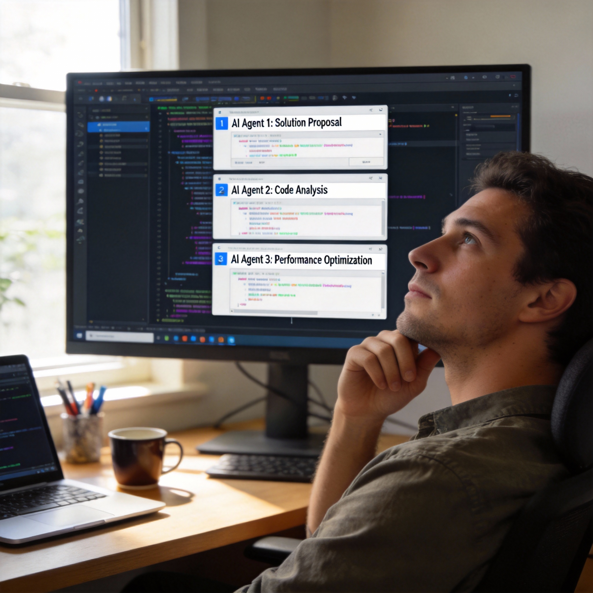 Developer observing multiple AI agents providing different solutions on a monitor.