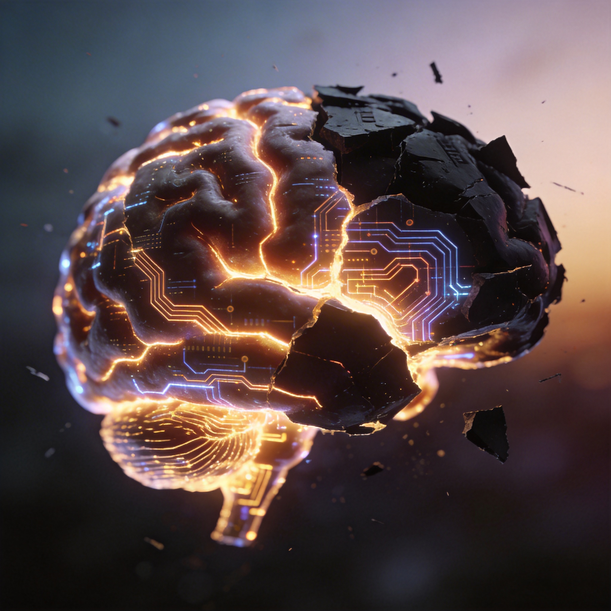 Fragmented brain with illuminated and dark digital circuits, symbolizing uneven AI capabilities.