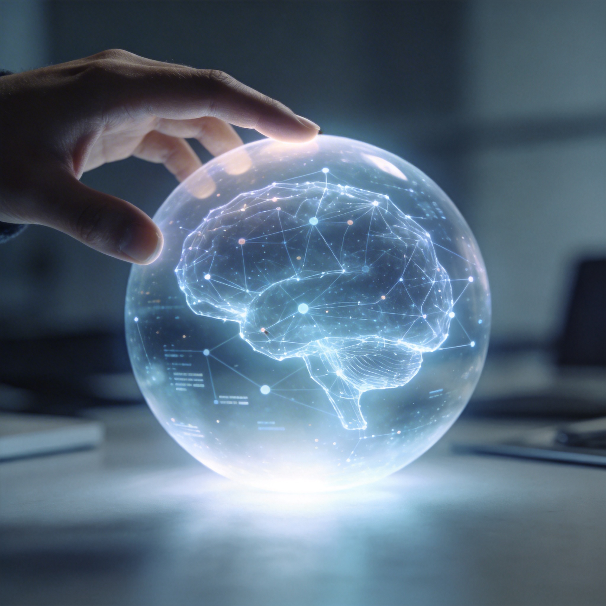 Human hand interacting with a glowing sphere projecting a complex thought process.