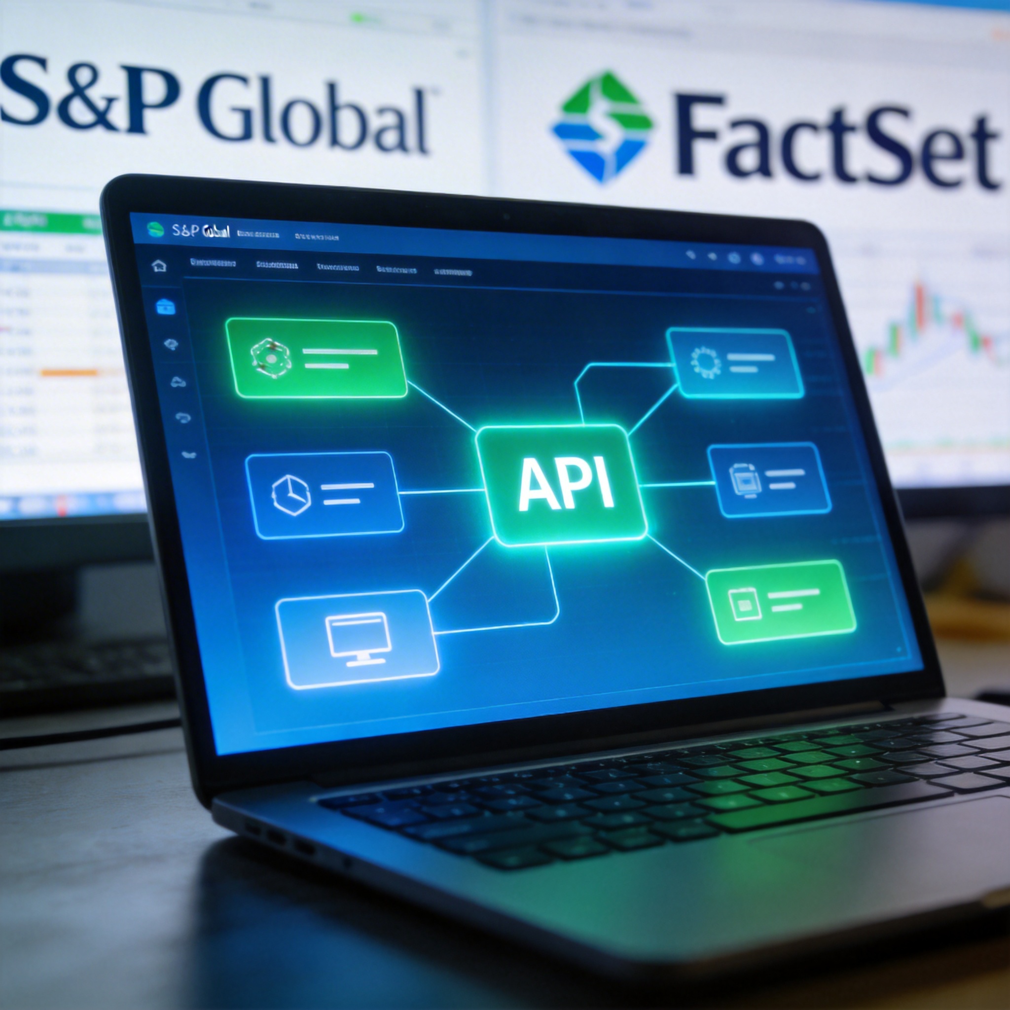 Modern API interface on a tablet screen, with subtle connections to financial data sources.