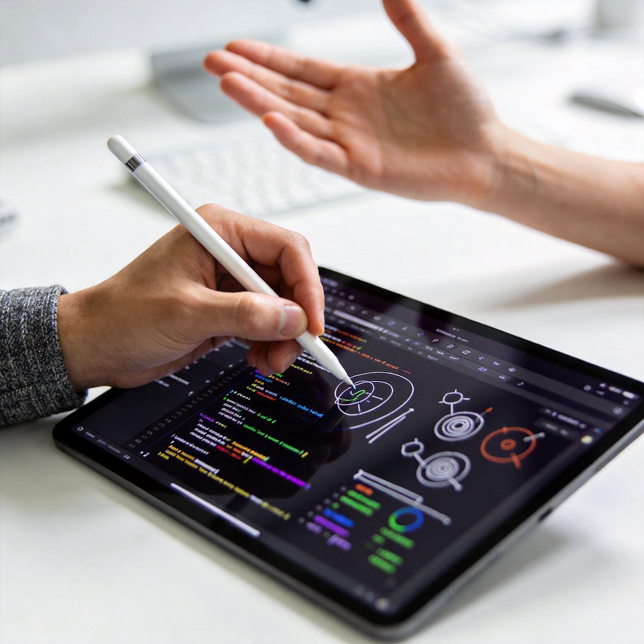 Hands sketching on a digital tablet, symbolizing practical AI application.