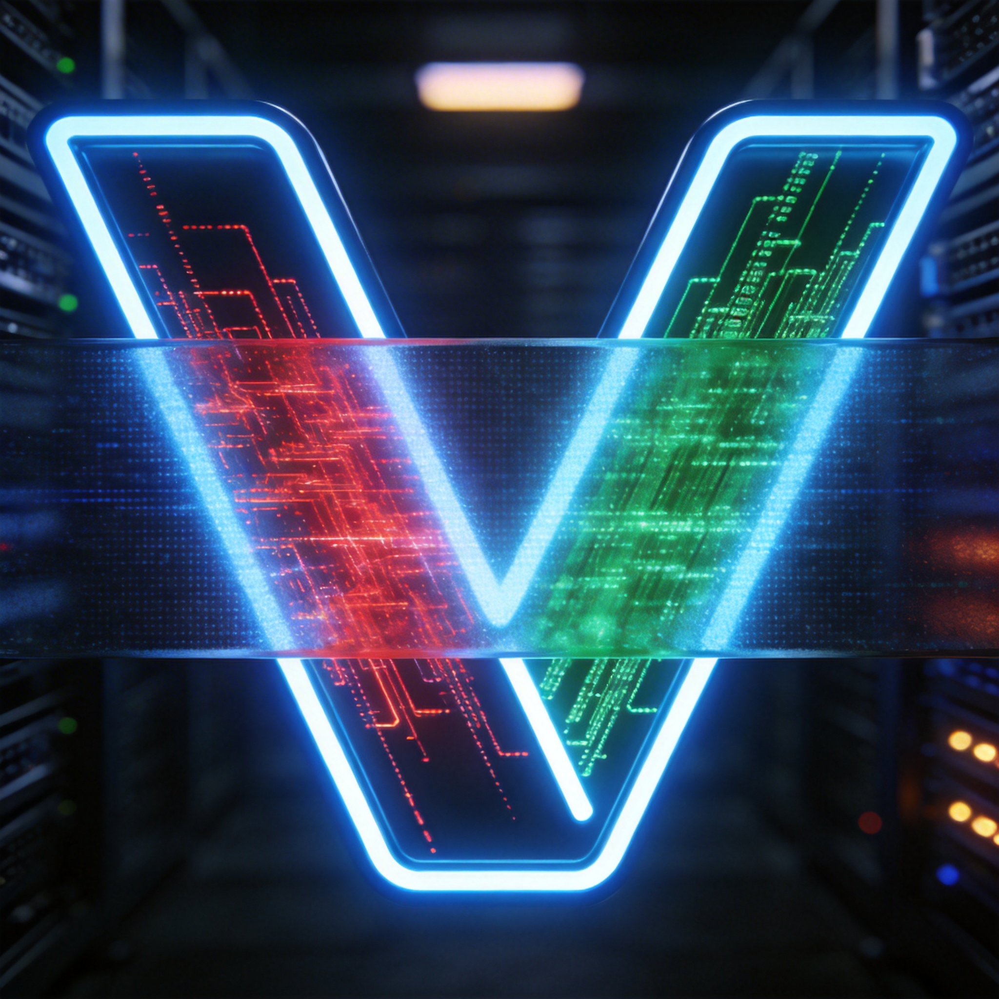 Stylized 'V' icon filtering chaotic red data into clean green data, symbolizing a security vetting process.