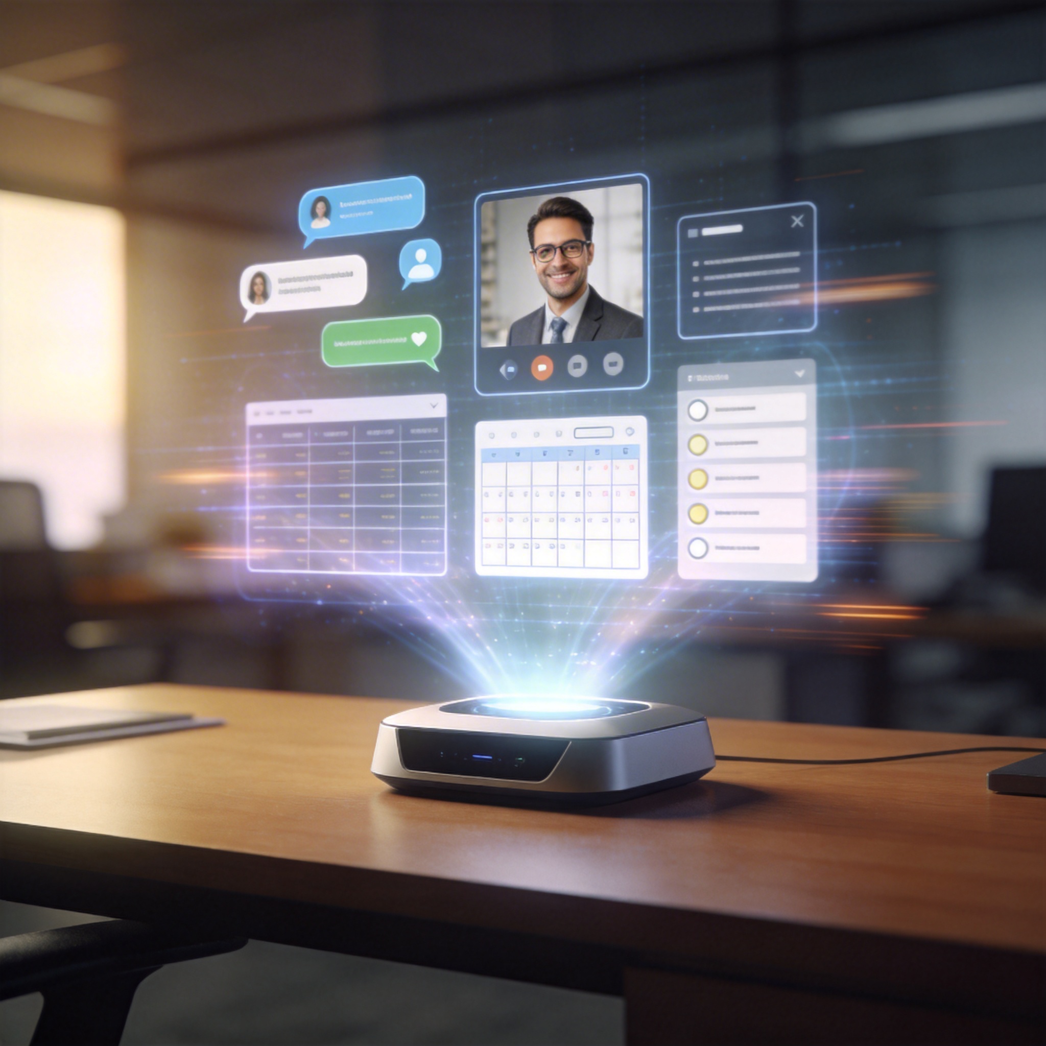 Holographic projection on a desk showing integrated communication and productivity tools, symbolizing AI-driven collaborative office.