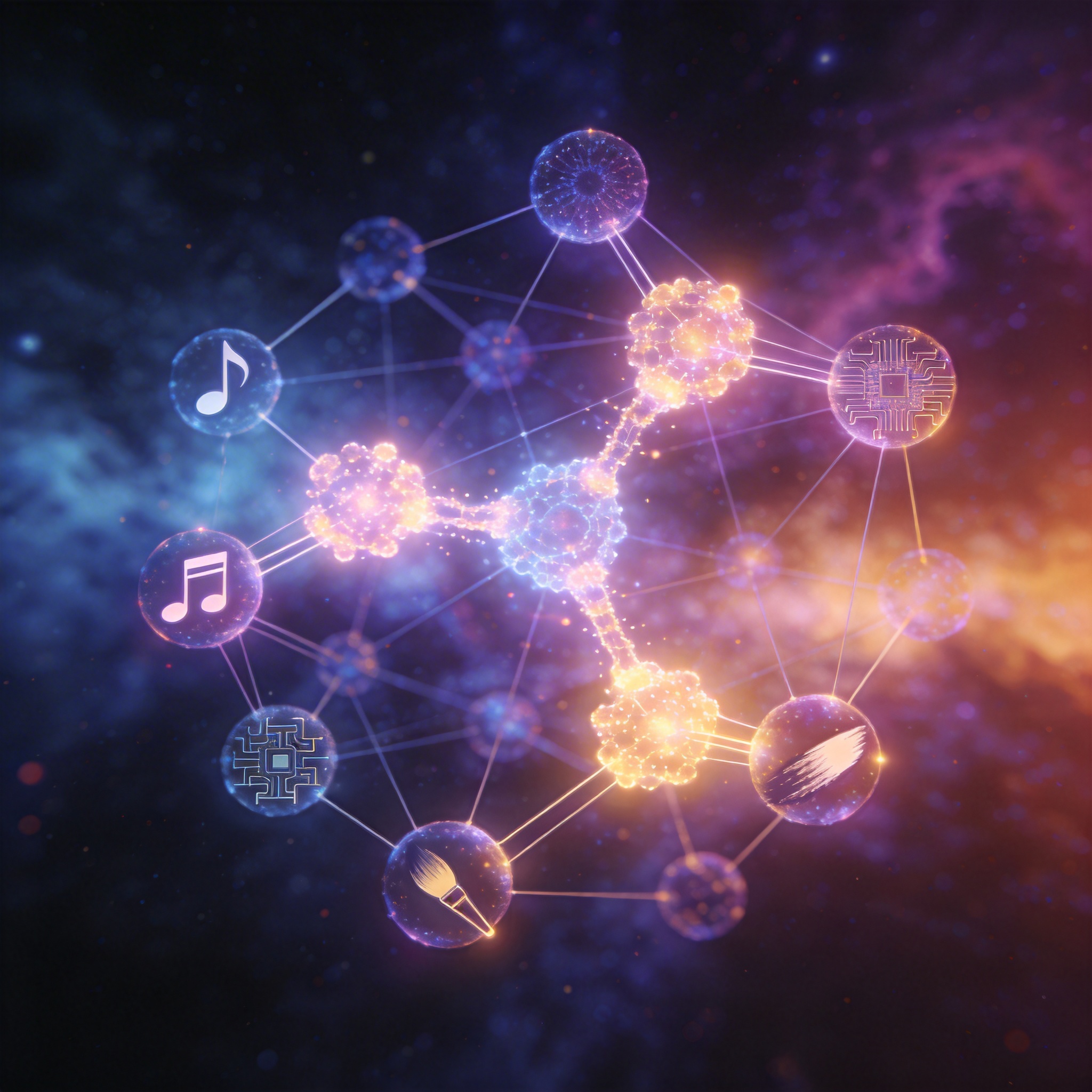 Abstract network of glowing dots connecting, symbolizing cross-pollination of ideas.