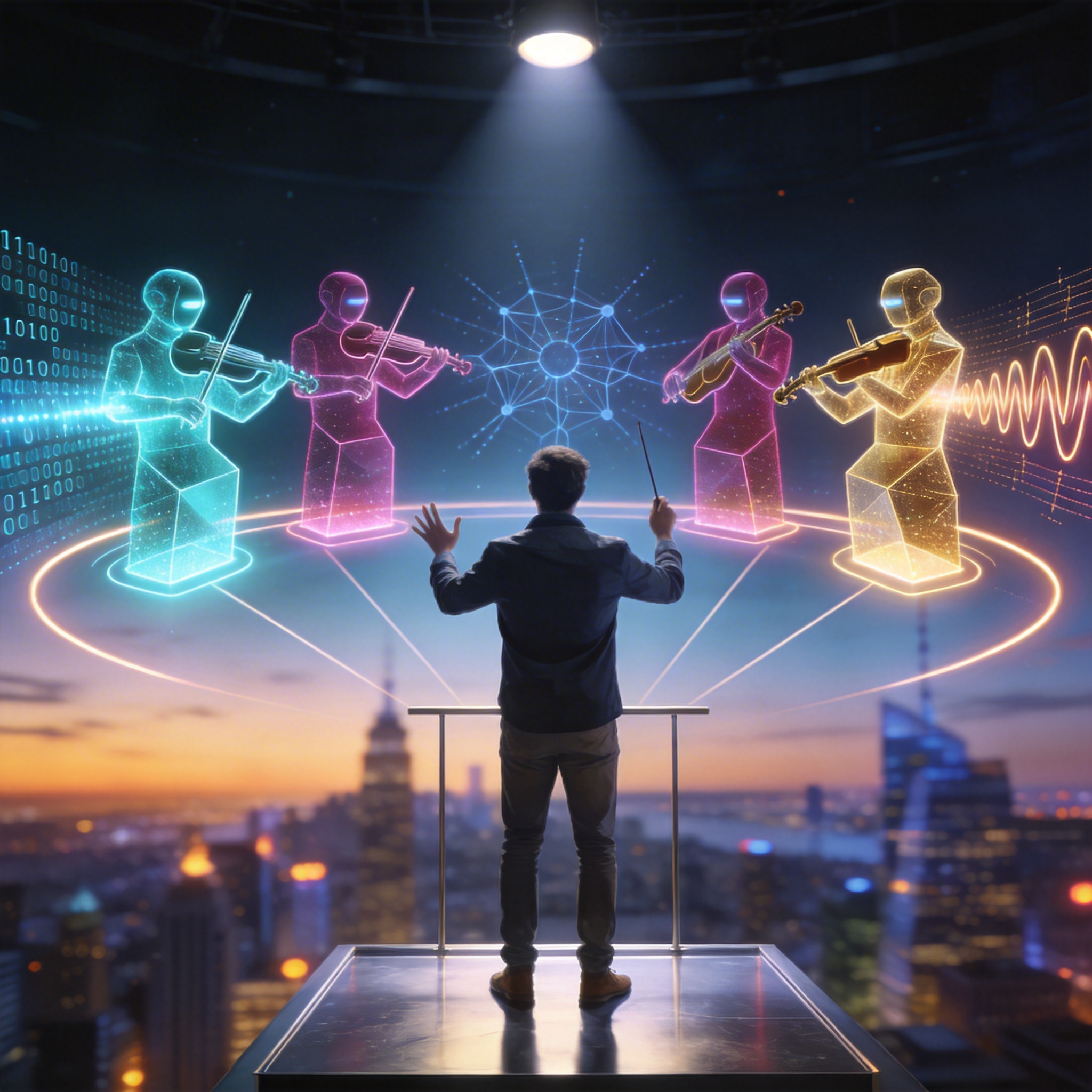 Developer as an orchestra conductor, leading a holographic orchestra of AI agents, symbolizing strategic oversight.