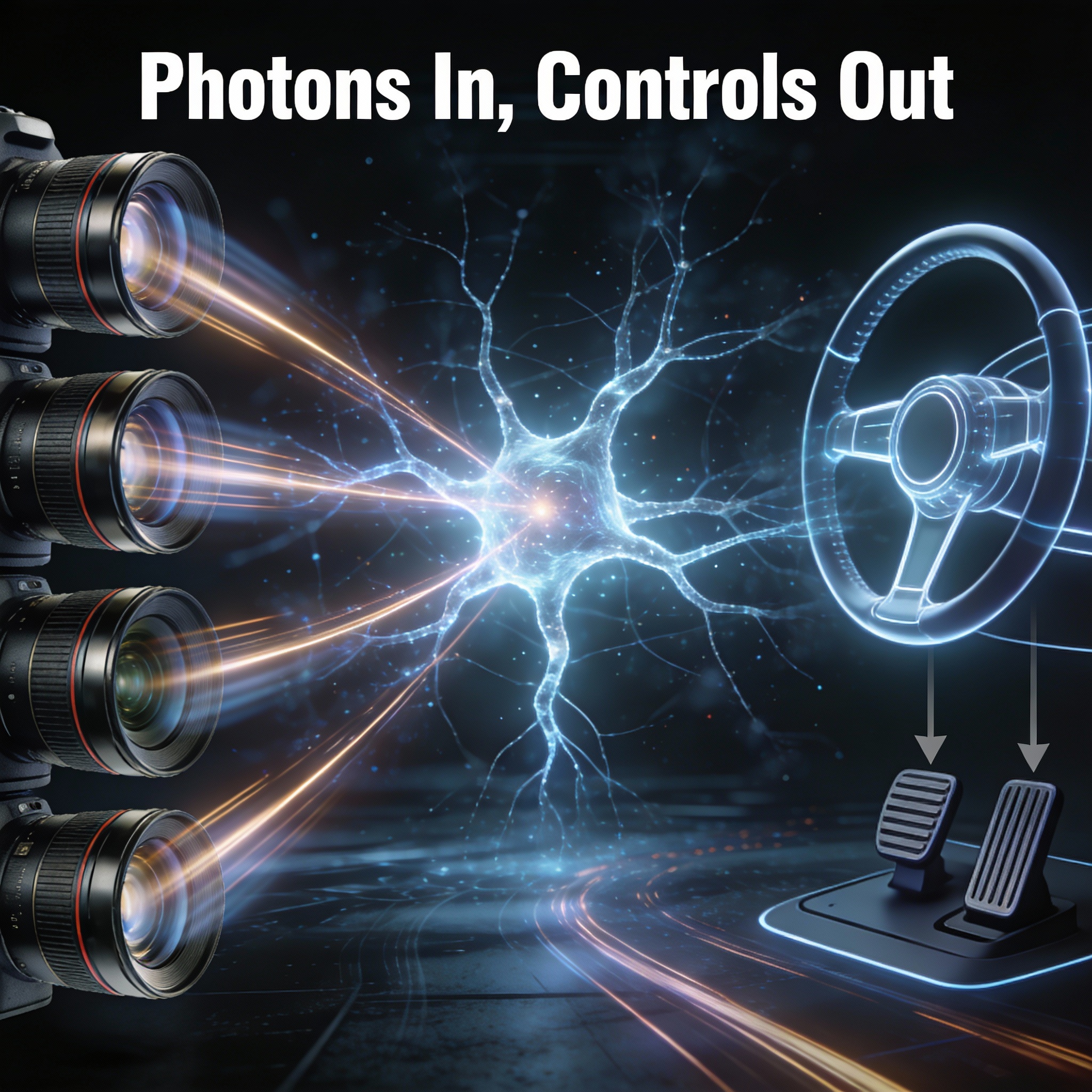 A visual diagram showing light entering camera lenses, transforming into a neural network, and then outputting control signals for a vehicle.