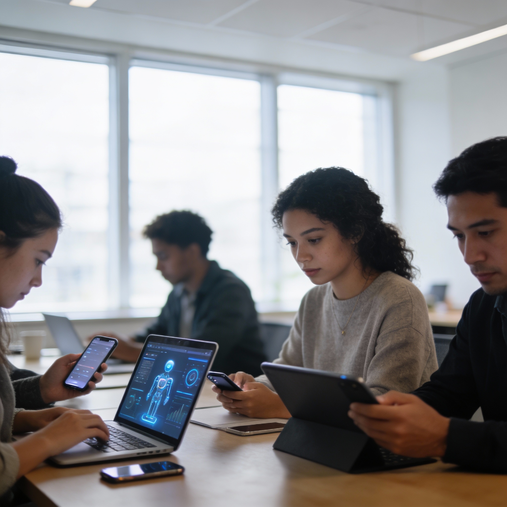 Diverse users engaging with multiple AI tools on different devices in a modern co-working space.