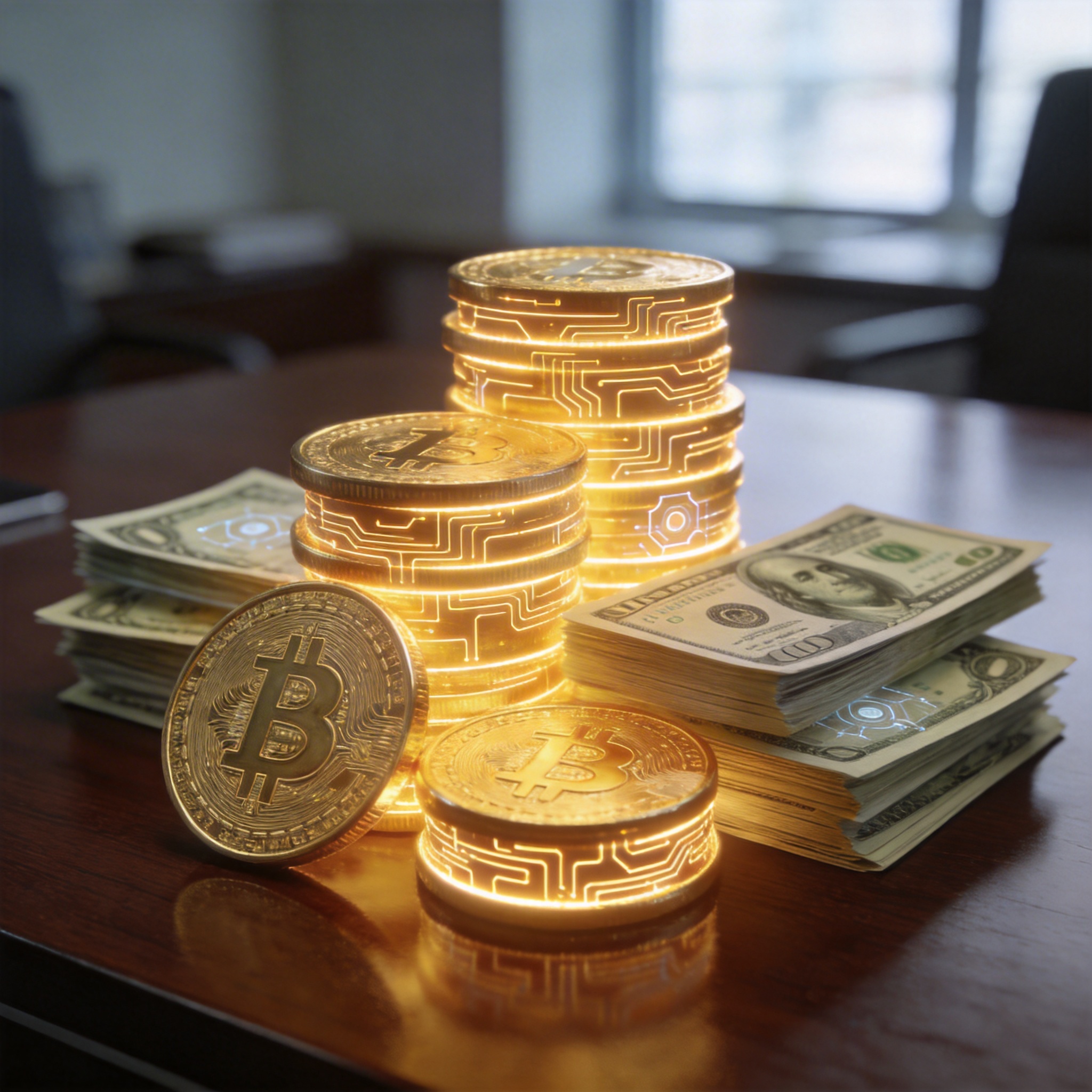 A towering stack of glowing gold coins and dollar bills, symbolizing massive financial investment.