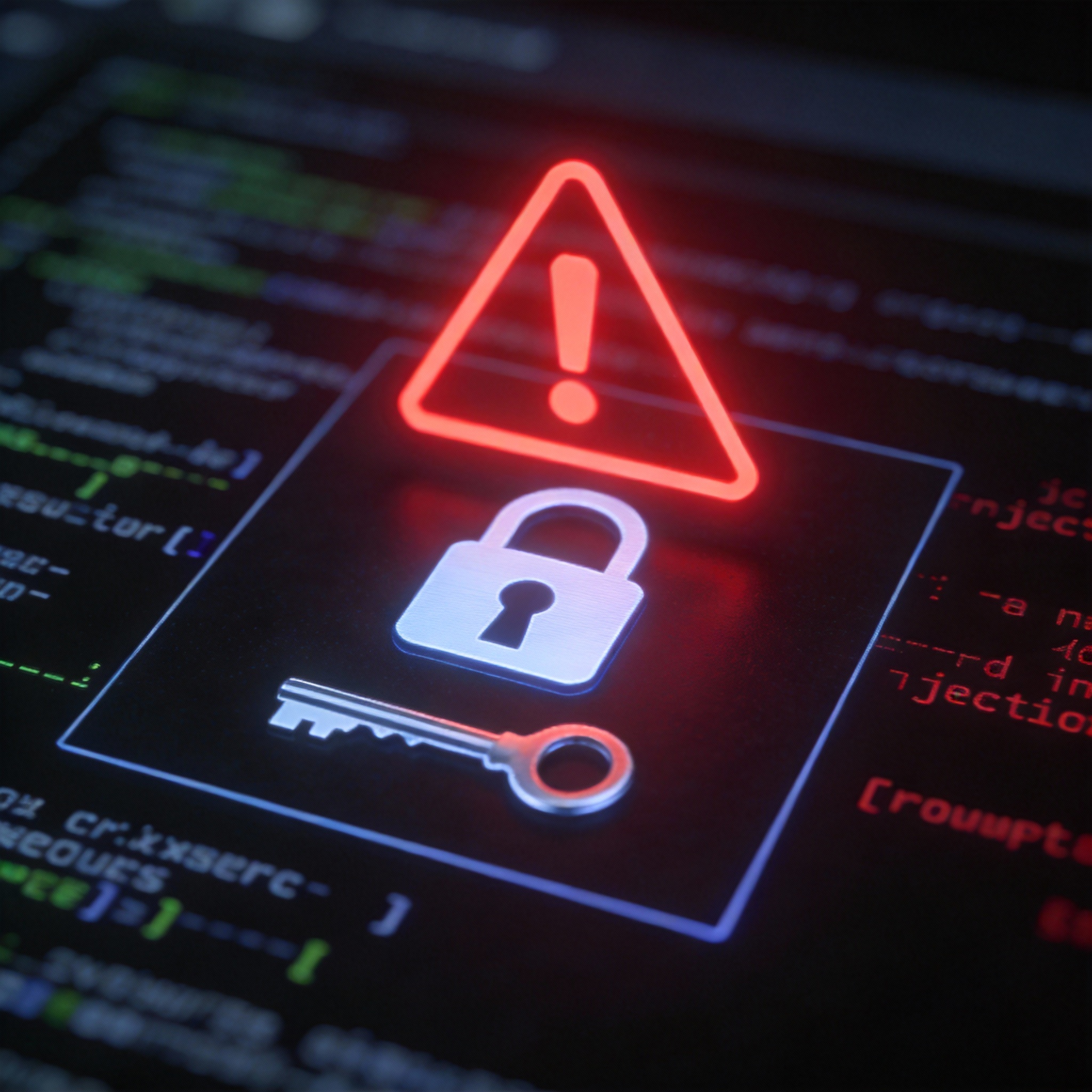 Digital lock and key icon with a red warning symbol, representing prompt injection risk.