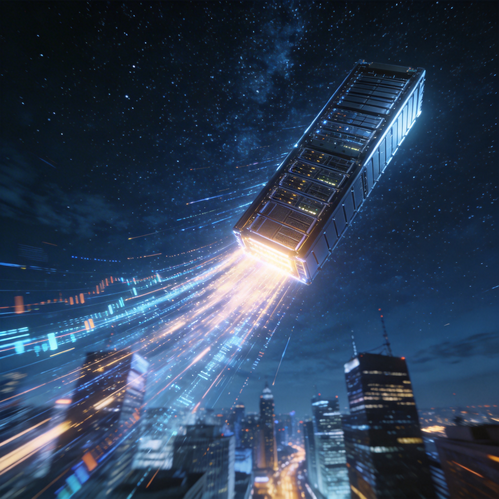 A futuristic data server rack launching like a rocket into a starry sky, symbolizing rapid financial growth.