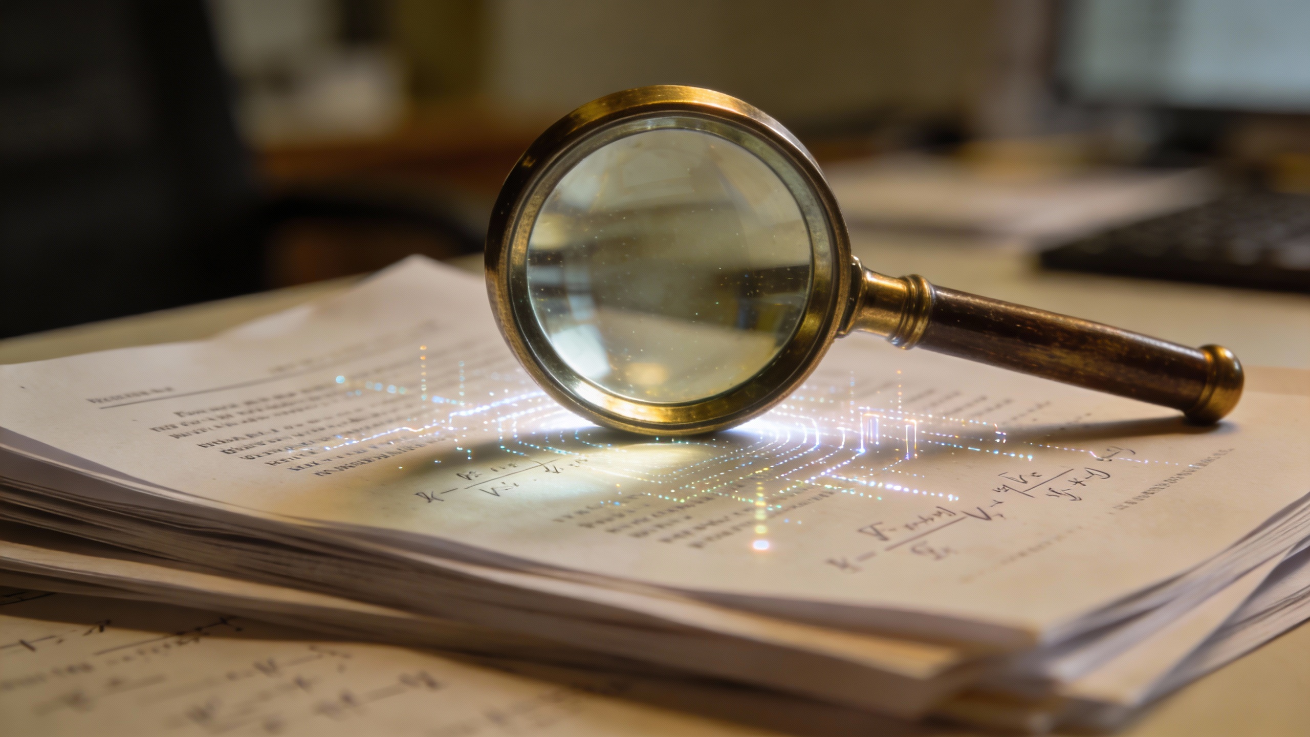 Magnifying glass on research papers with digital streams, symbolizing AI research and data analysis.