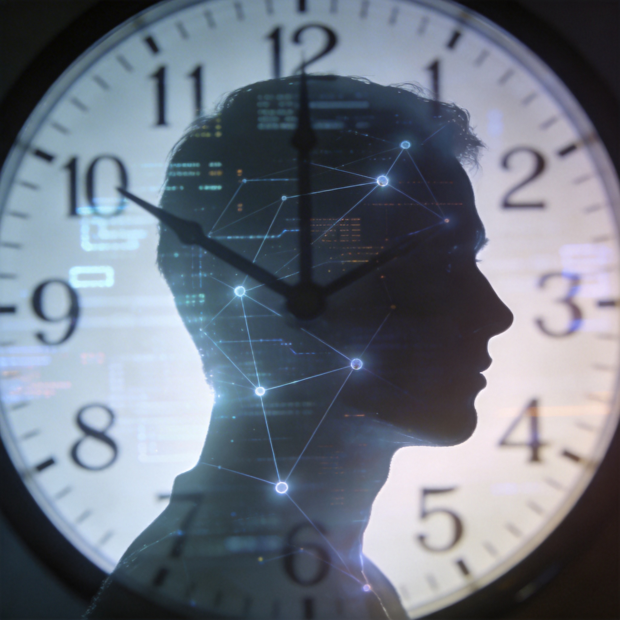 Human silhouette overlaid with digital network lines, synchronized with an abstract digital clock, symbolizing AI's influence on daily rhythms.