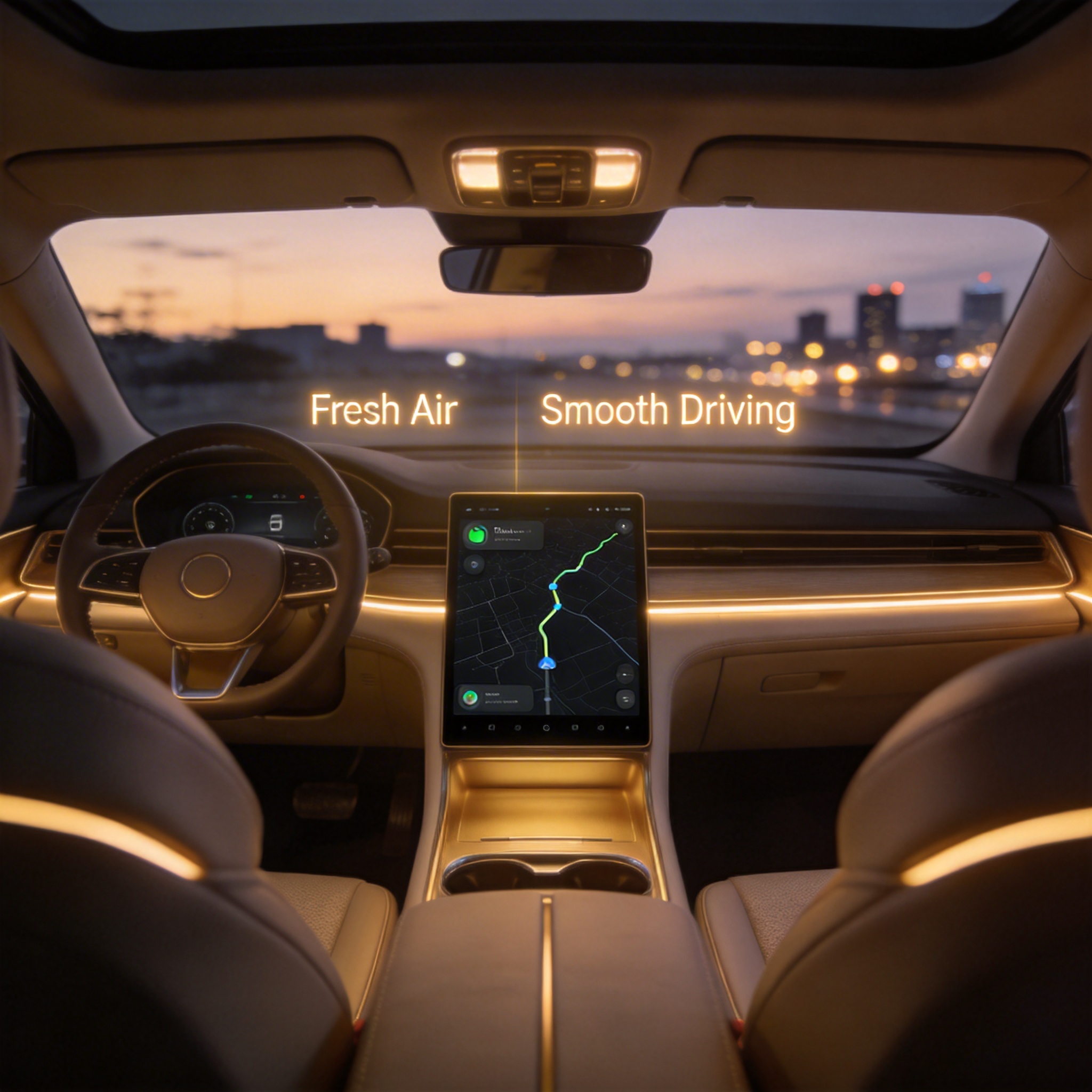 Modern car interior with a digital map and personalized AI ride-hailing requests on screen.