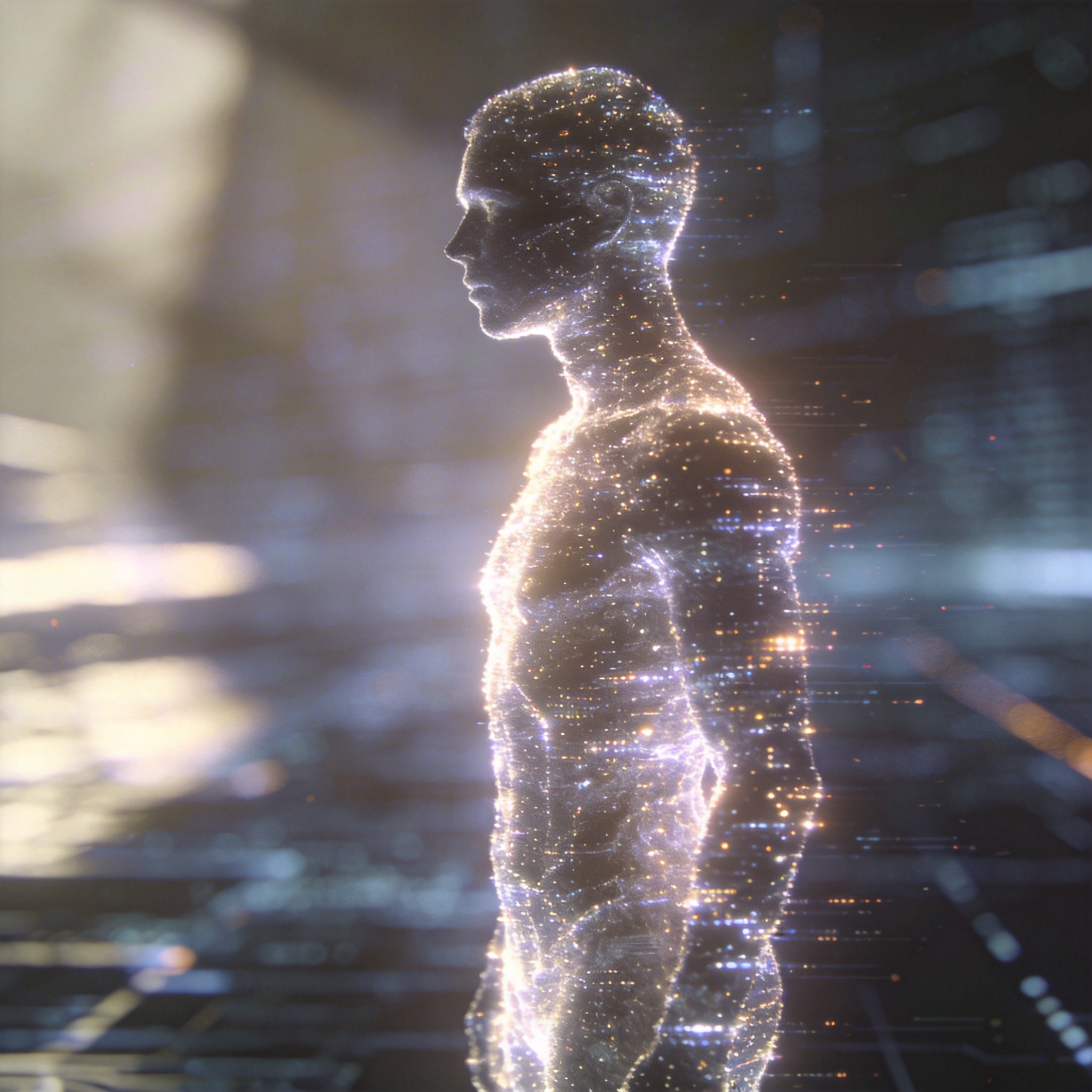 Abstract, shimmering digital human silhouette composed of light and data particles, symbolizing an avatar.