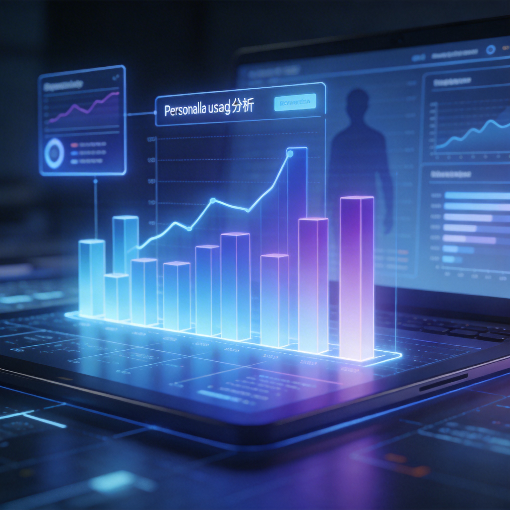 Abstract data visualizations and bar charts emerging from a digital interface, symbolizing personalized usage analysis and insights.