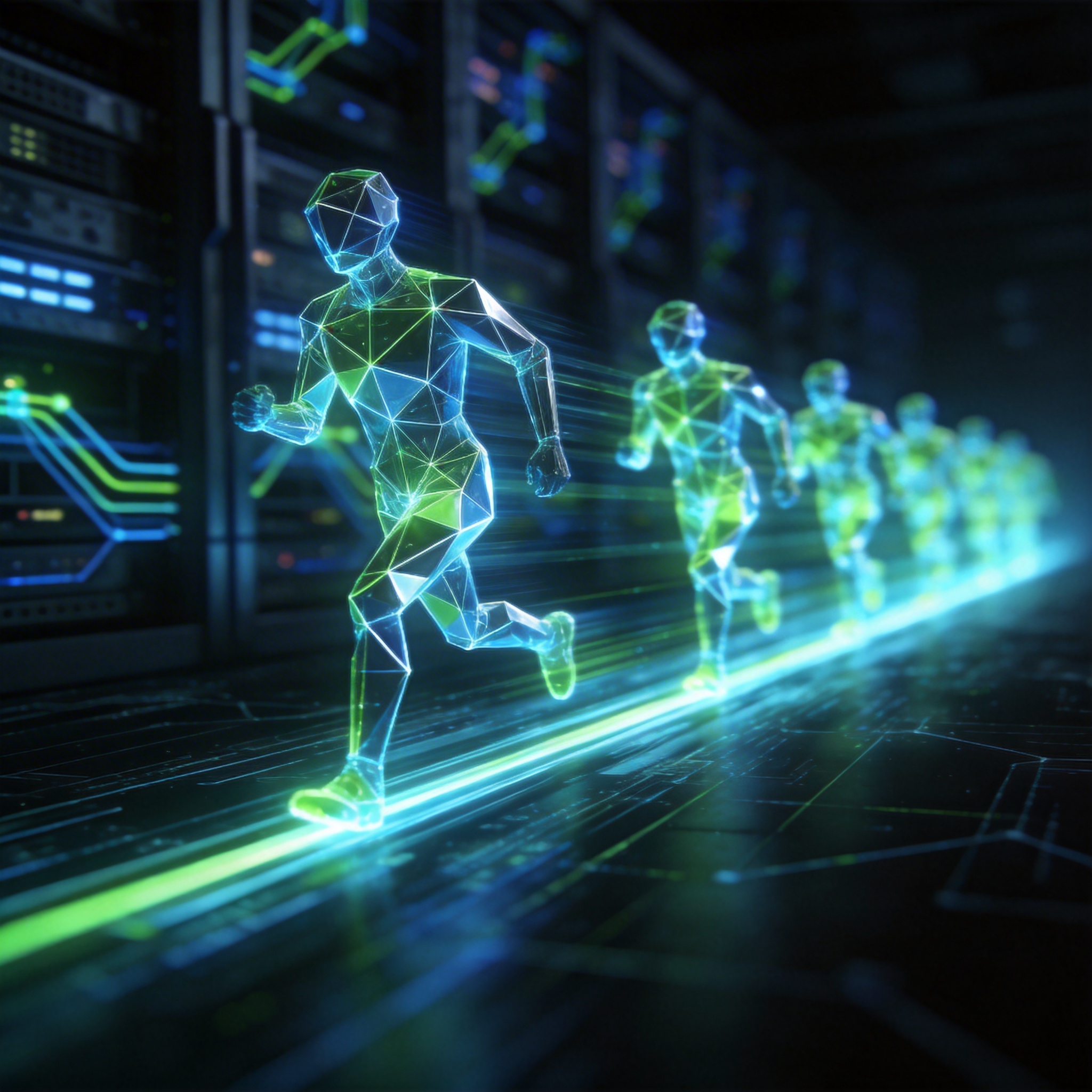 Multiple glowing digital agents moving in parallel across a digital landscape, symbolizing evolving workflows.