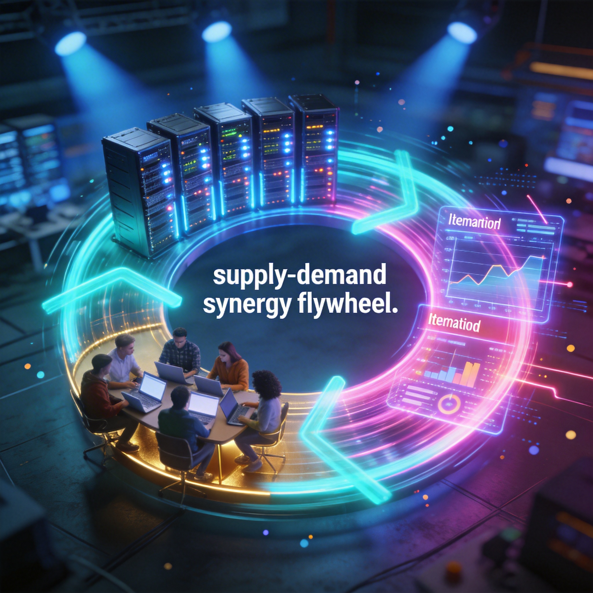 Dynamic image of a 'supply-demand synergy flywheel' connecting computing power, model training, and data iteration.