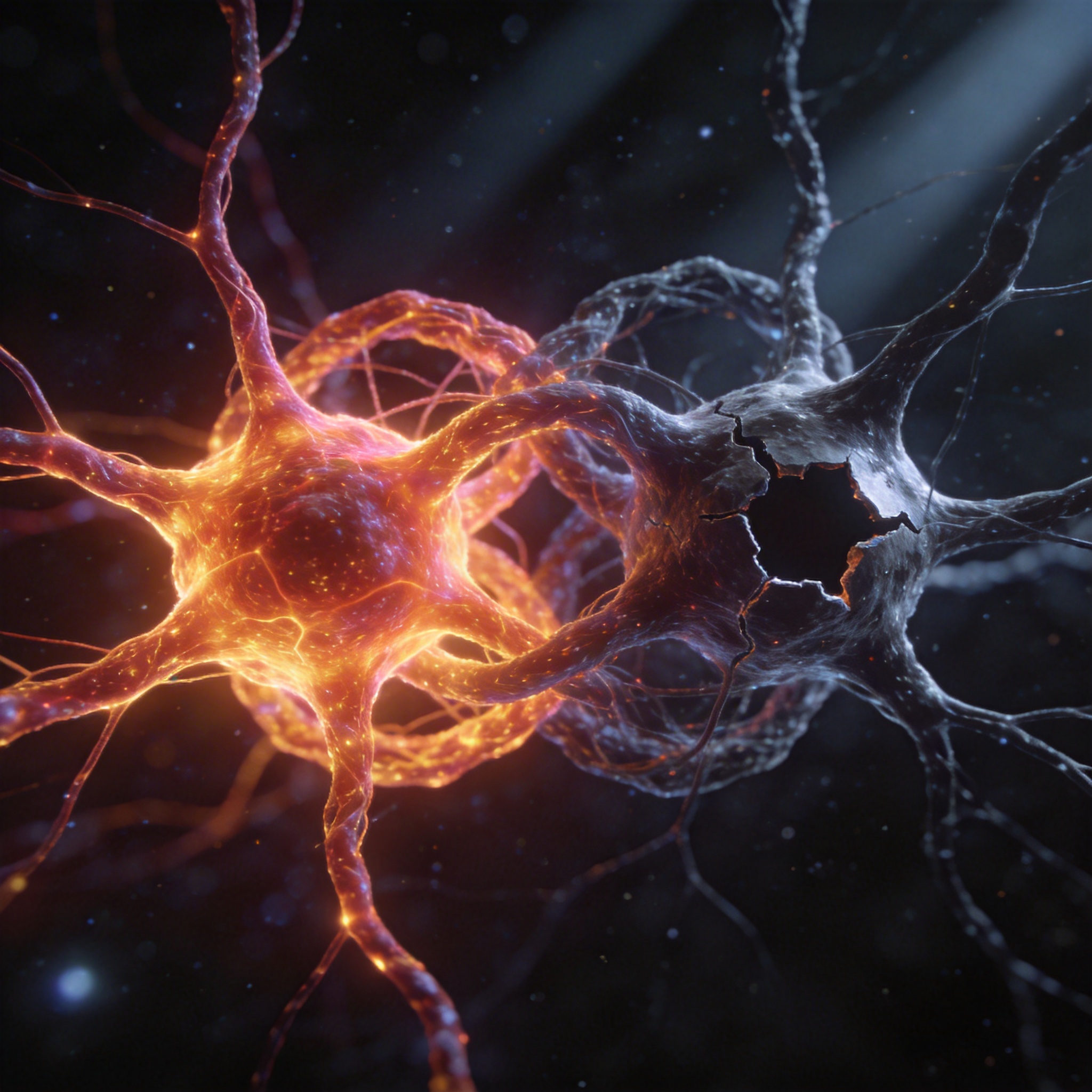 Fragmented neural network next to a complete one, representing comprehension vacuum.