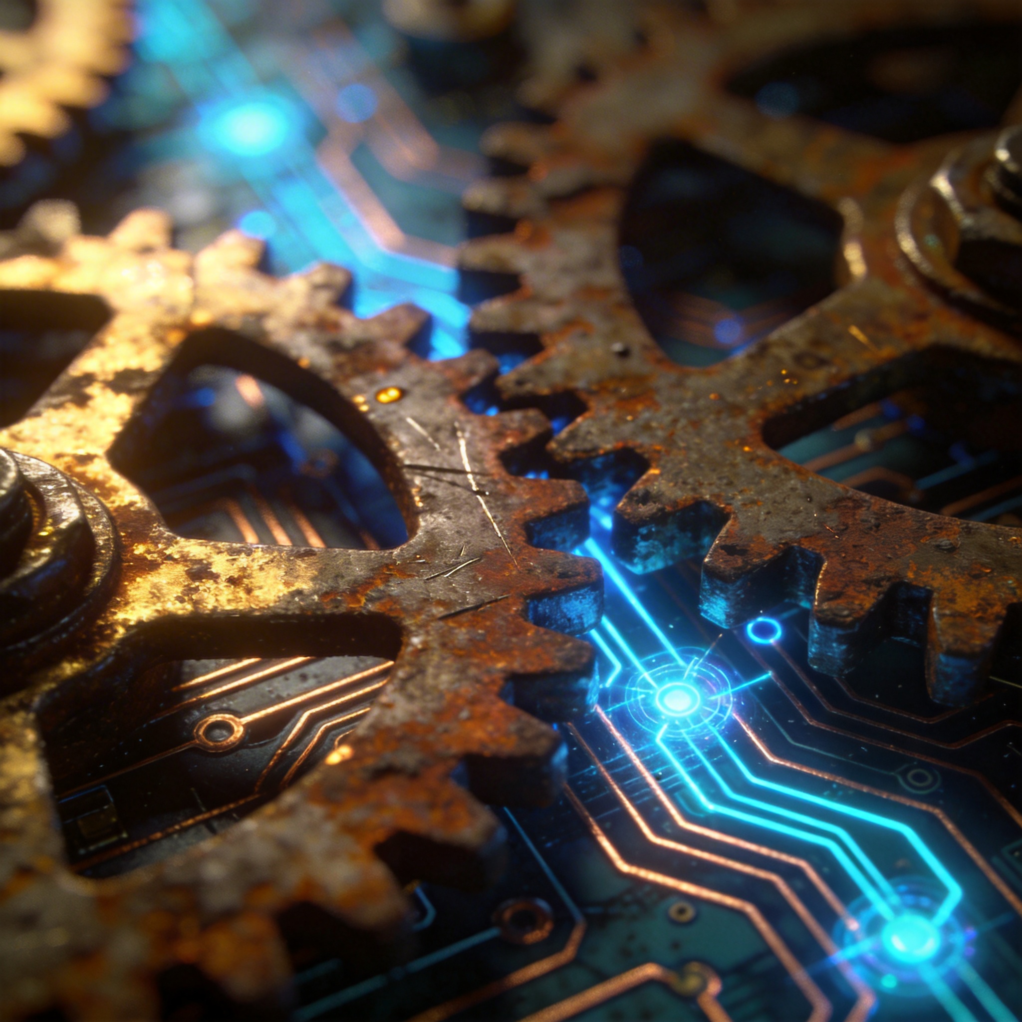Intertwined rusty gears and glowing digital circuits, symbolizing AI integration challenges with legacy systems.