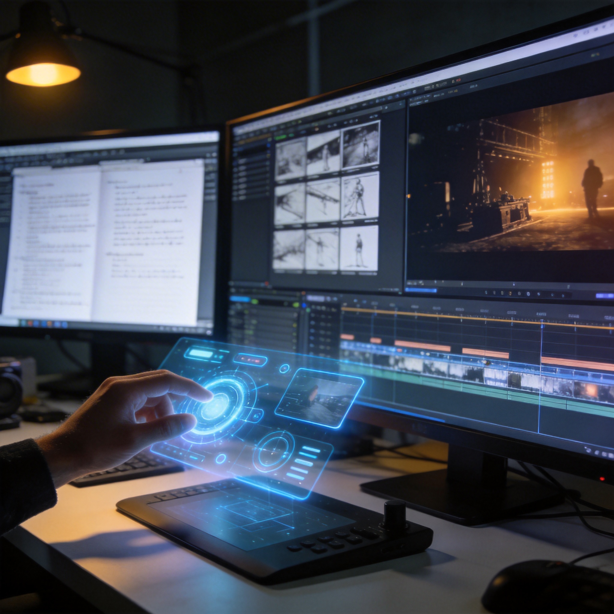 Film editing suite with multiple screens showing video production stages, symbolizing AI in film.