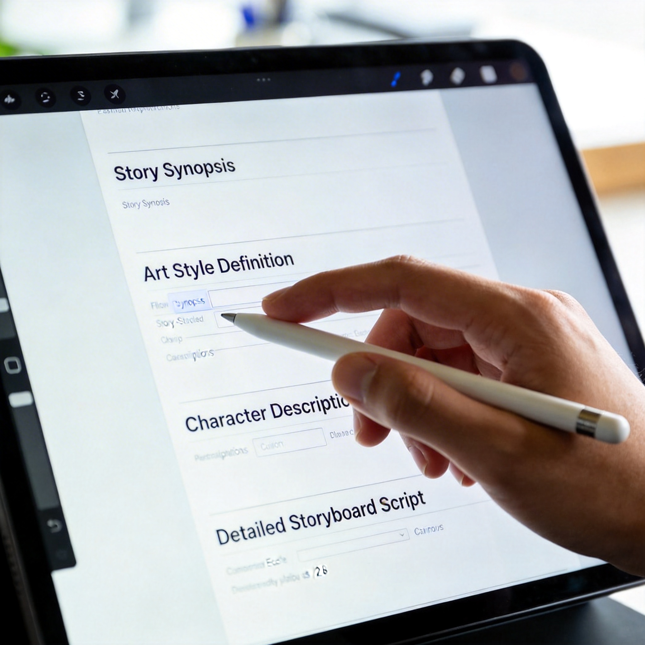 Digital interface showing a detailed film planning document with storyboard and character details.
