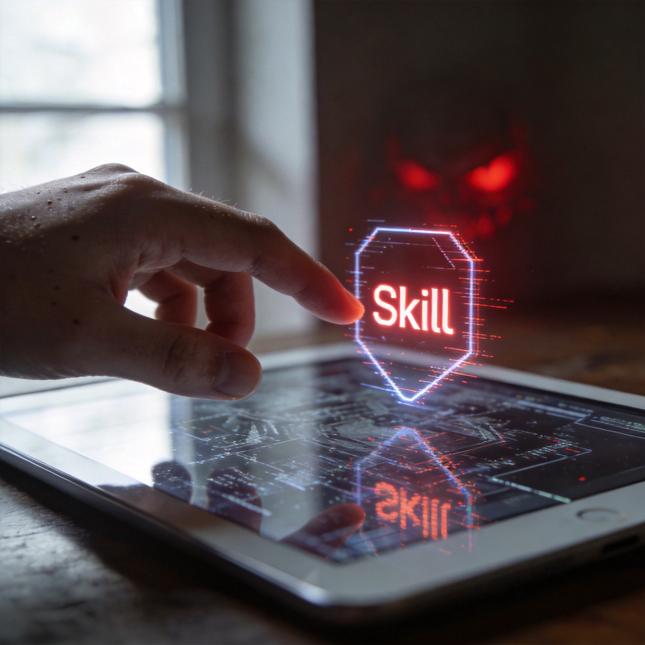 Hand reaching for a glowing 'Skill' icon on a tablet, with a hidden red glow symbolizing malicious intent.