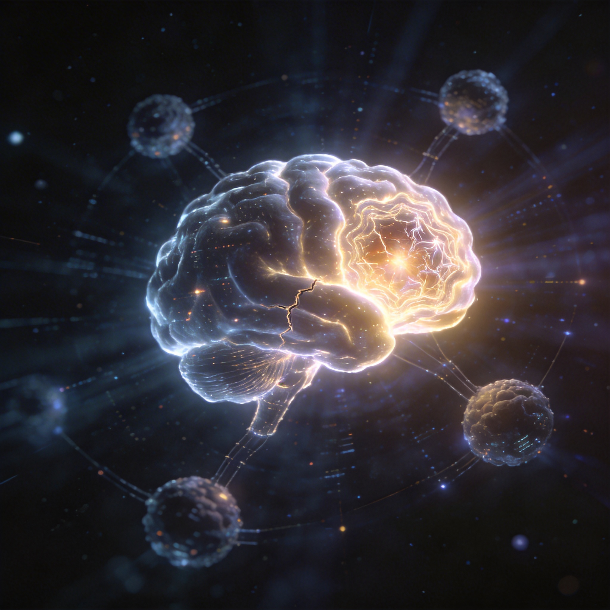 Glowing, complex AI brain structure with a powerful but internally chaotic node, symbolizing stronger AI's struggle with control.