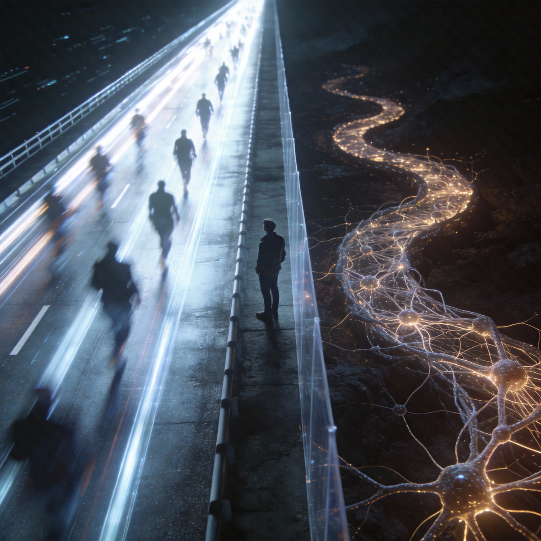 Two diverging paths: one commercial and fast, the other deep and complex, symbolizing the tension between profit and AGI research.