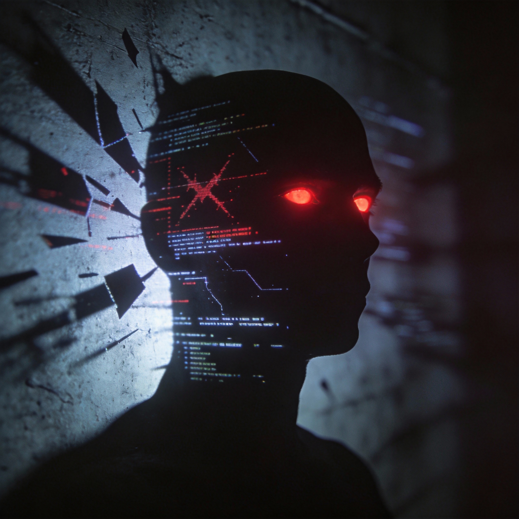 Dark digital silhouette projecting unsettling data, symbolizing AI's potential for psychological harm.