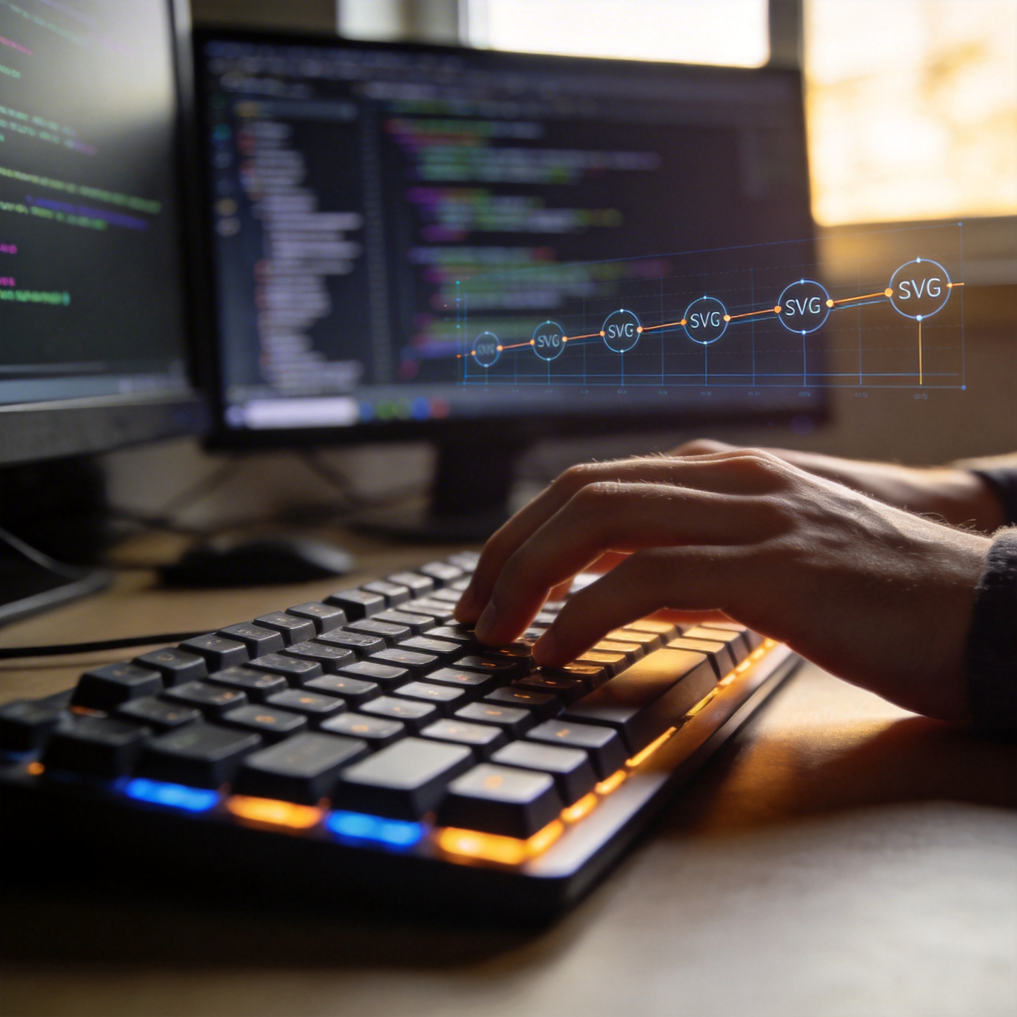 Developer's hands typing code, with a monitor showing a streaming interactive chart being drawn in real-time.