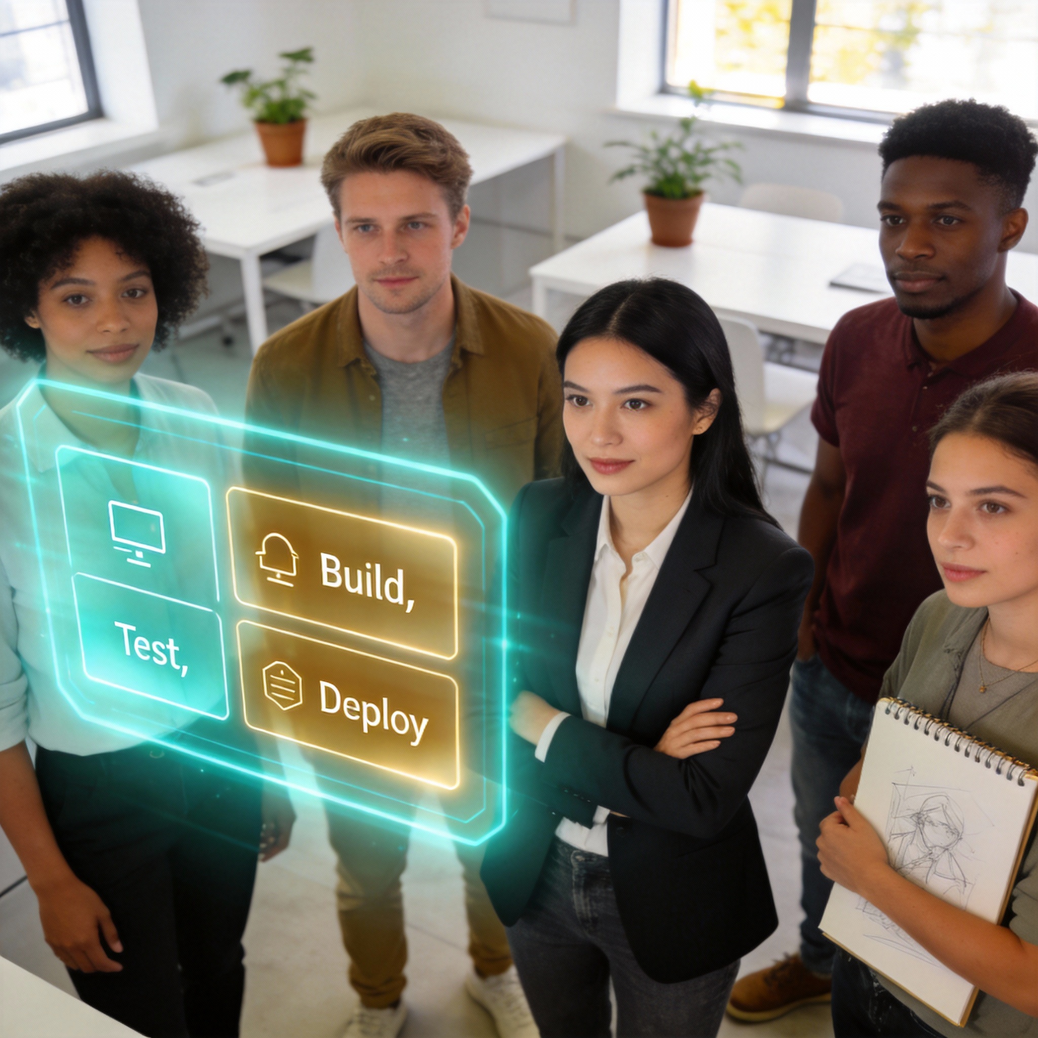 Diverse non-technical professionals confidently interacting with a simplified holographic software development interface.
