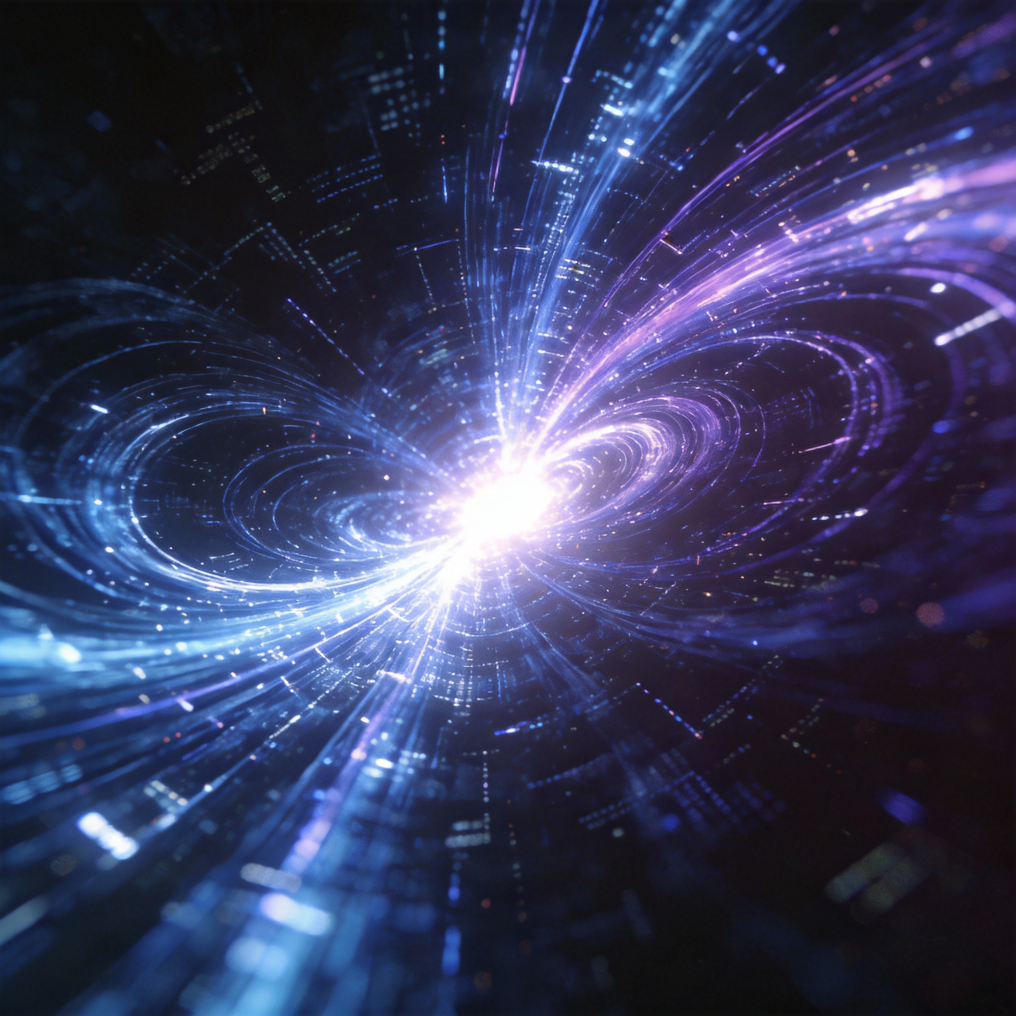 Abstract visual representing a technological turning point, with converging light and data streams.