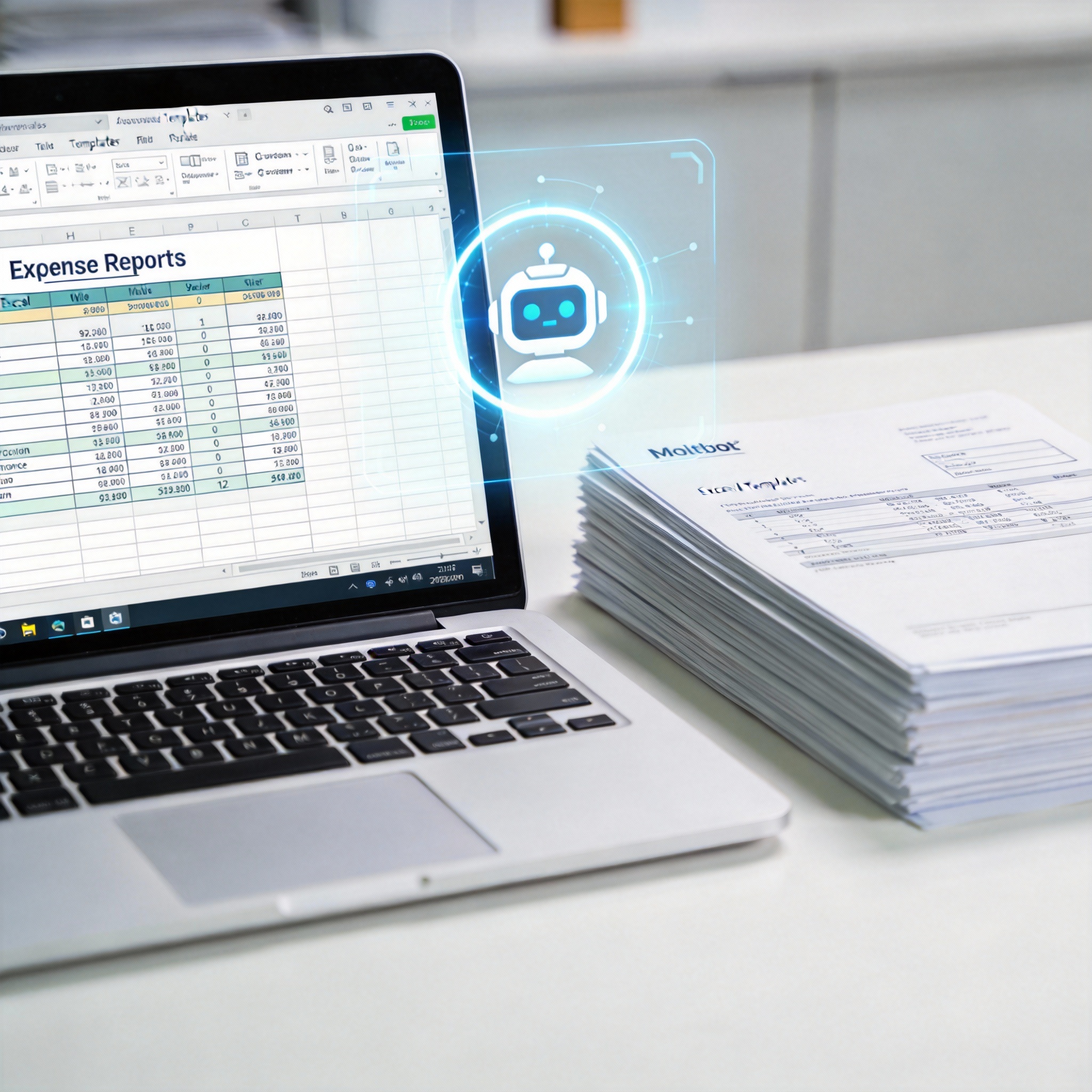 Laptop displaying an expense report spreadsheet with invoices, symbolizing automated task completion.
