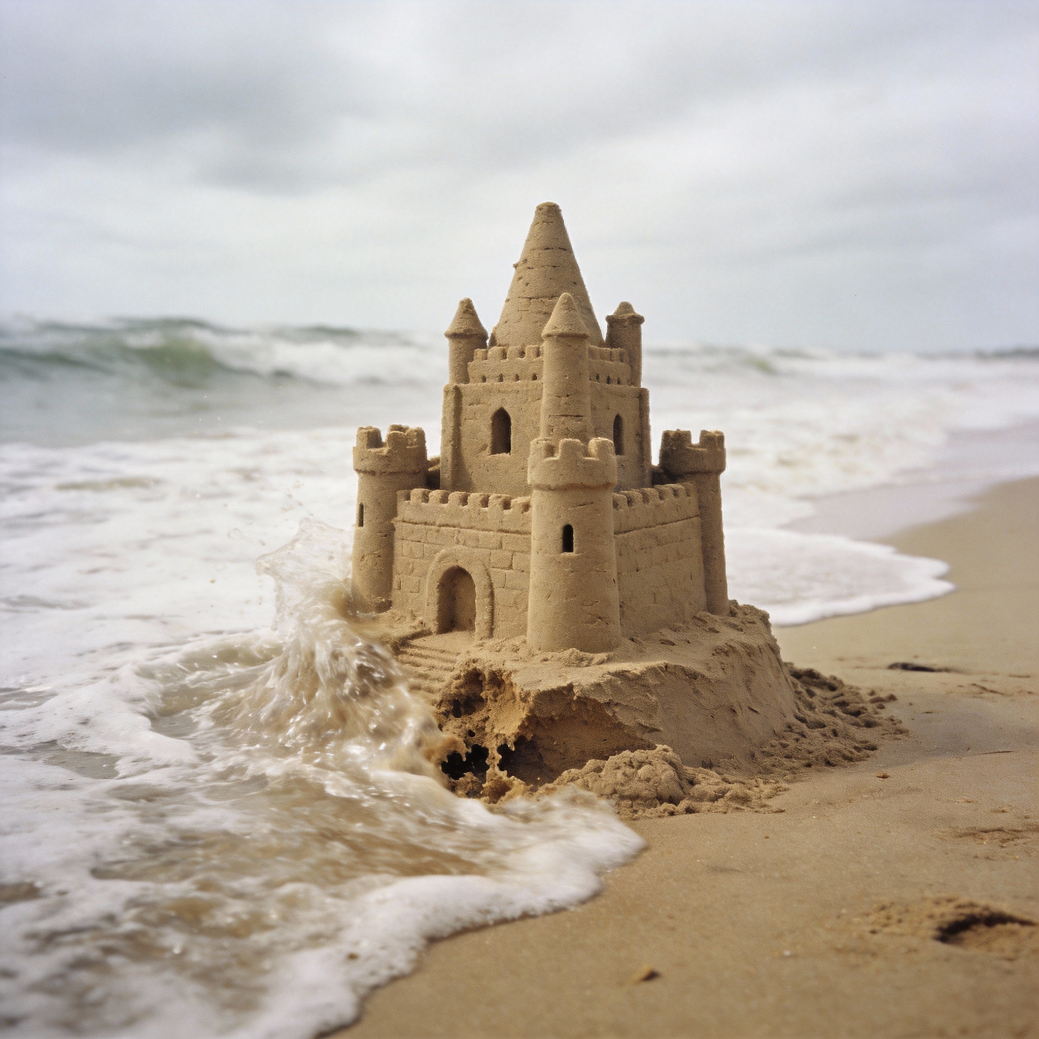 Sandcastle being eroded by rapidly encroaching tide, symbolizing product development on 'quicksand' due to fast-evolving AI.