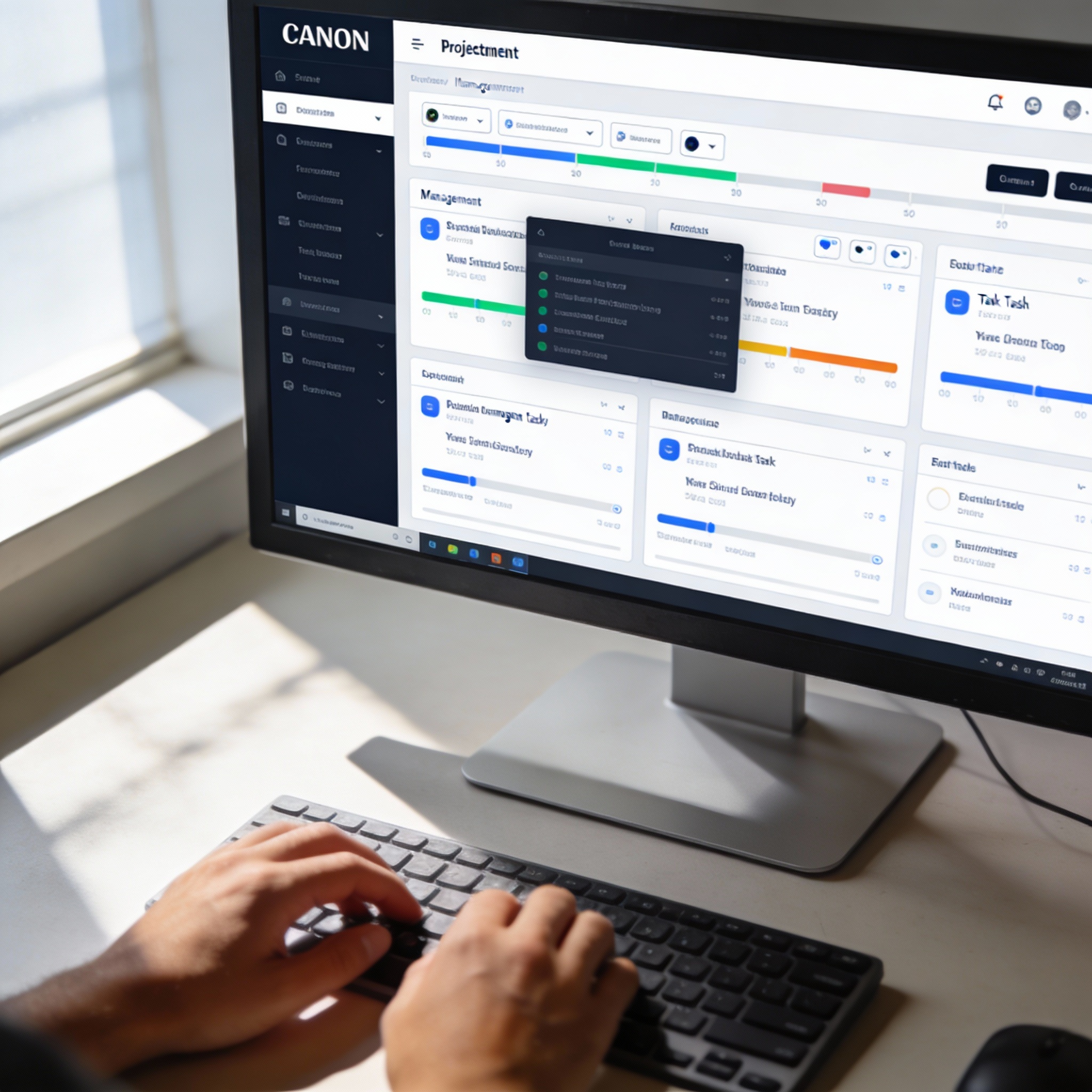 Minimalist desk with a monitor displaying a task-oriented dashboard, symbolizing AI's shift from chatting to getting work done.
