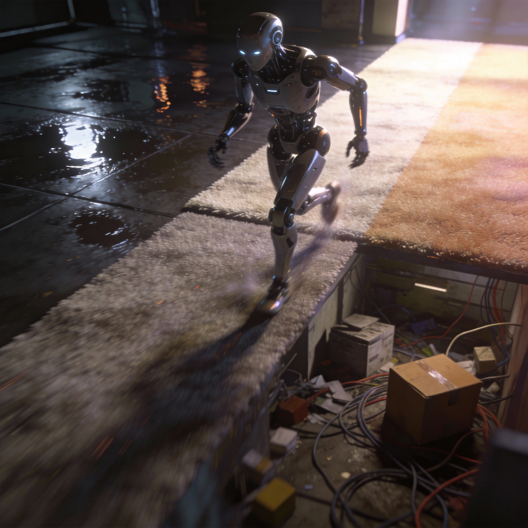 Humanoid robot training in a diverse virtual environment with varying floor conditions and lighting, illustrating accelerated 'Sim-to-Real' learning.