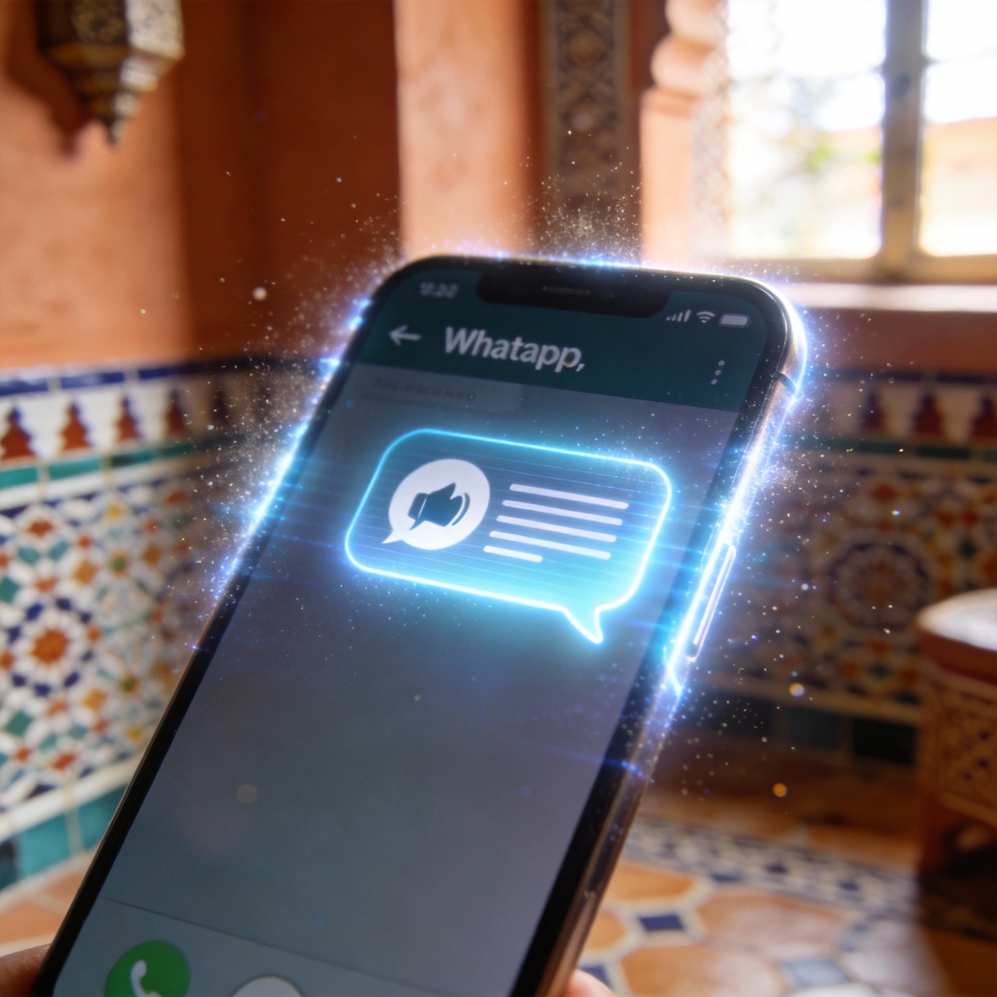 Smartphone screen showing a WhatsApp chat with a voice message icon, hinting at AI interaction.