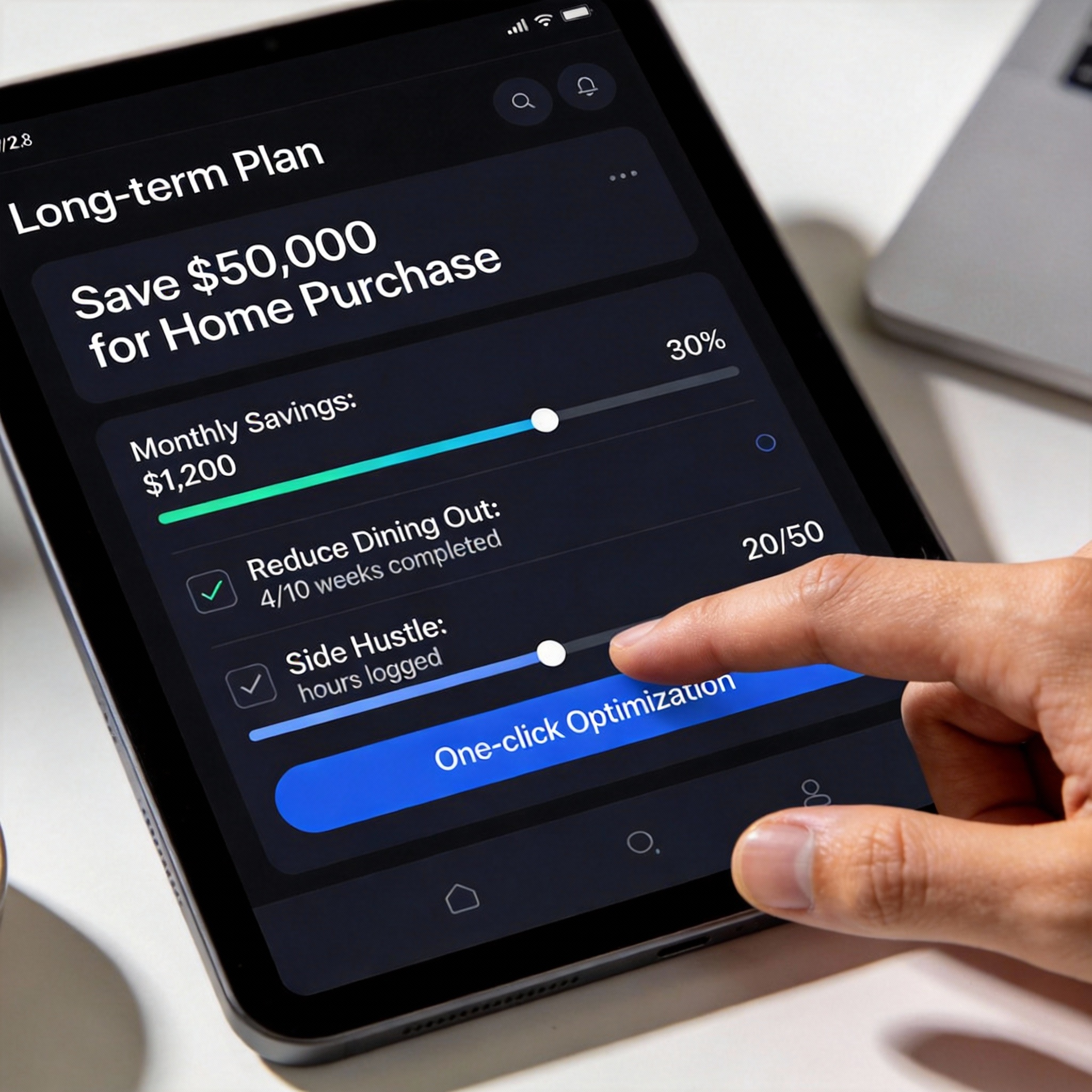 Tablet displaying Coze's 'Long-term Plan' feature with goals and tasks.
