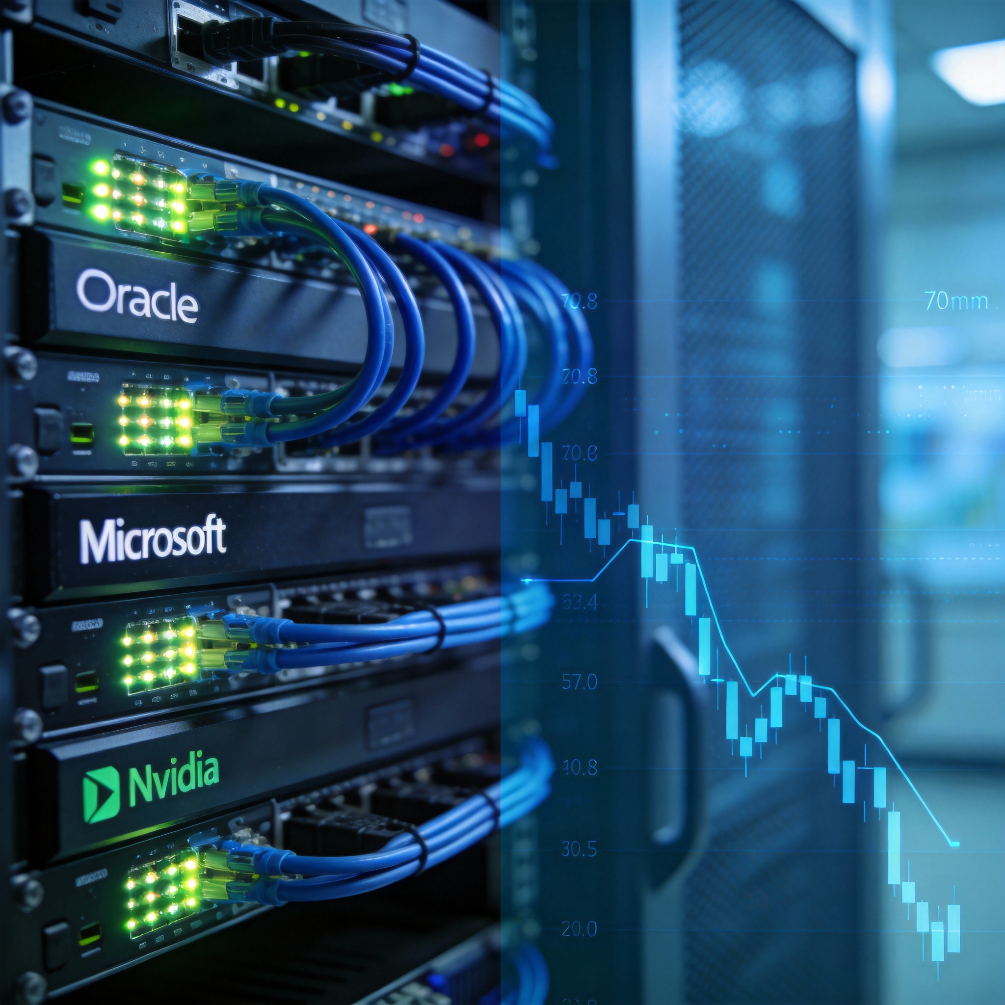 Server rack with downward graph overlay, illustrating stock drops for cloud service providers.