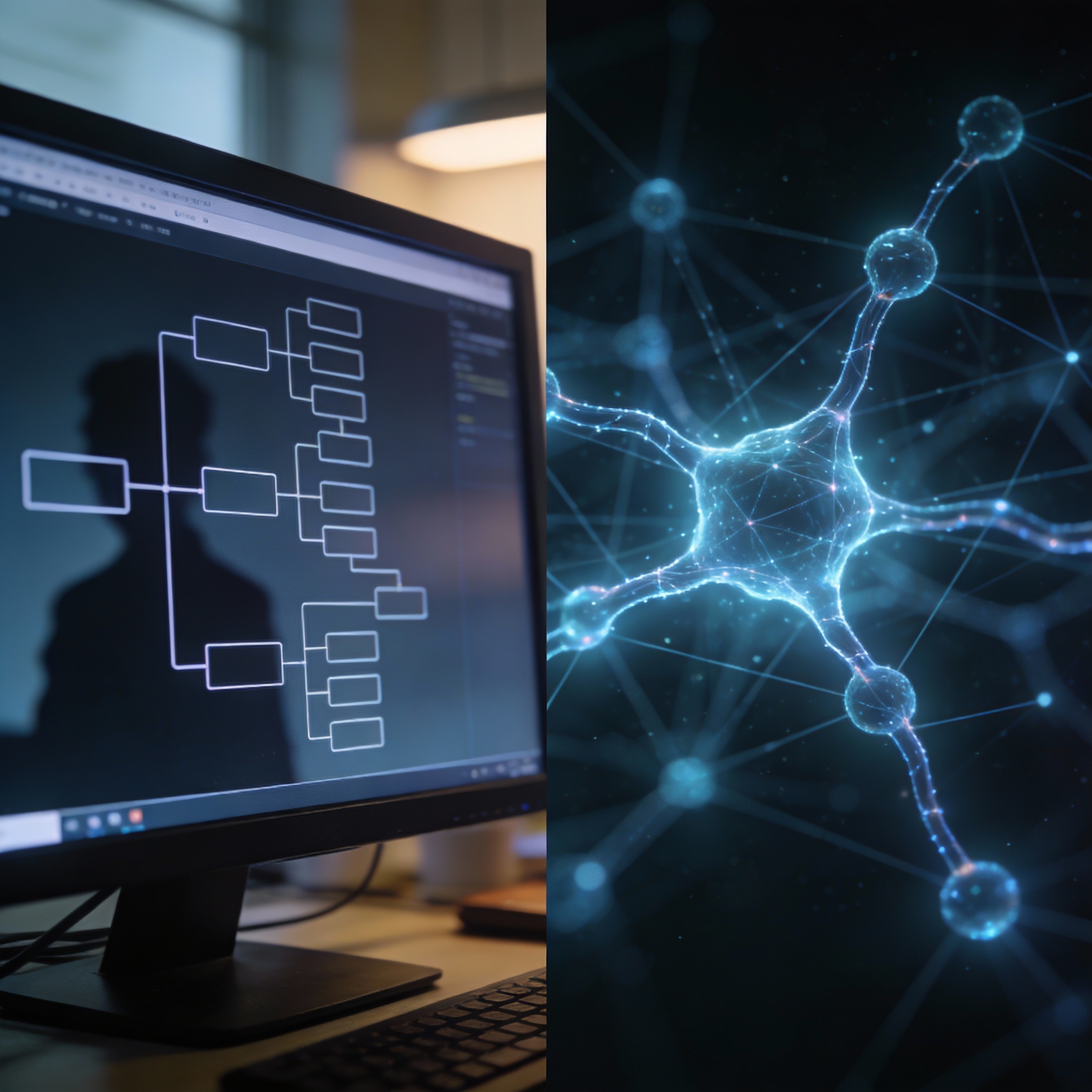 Split image contrasting a rigid flowchart (rule-driven AI) with a dynamic neural network (intelligence-driven AI).