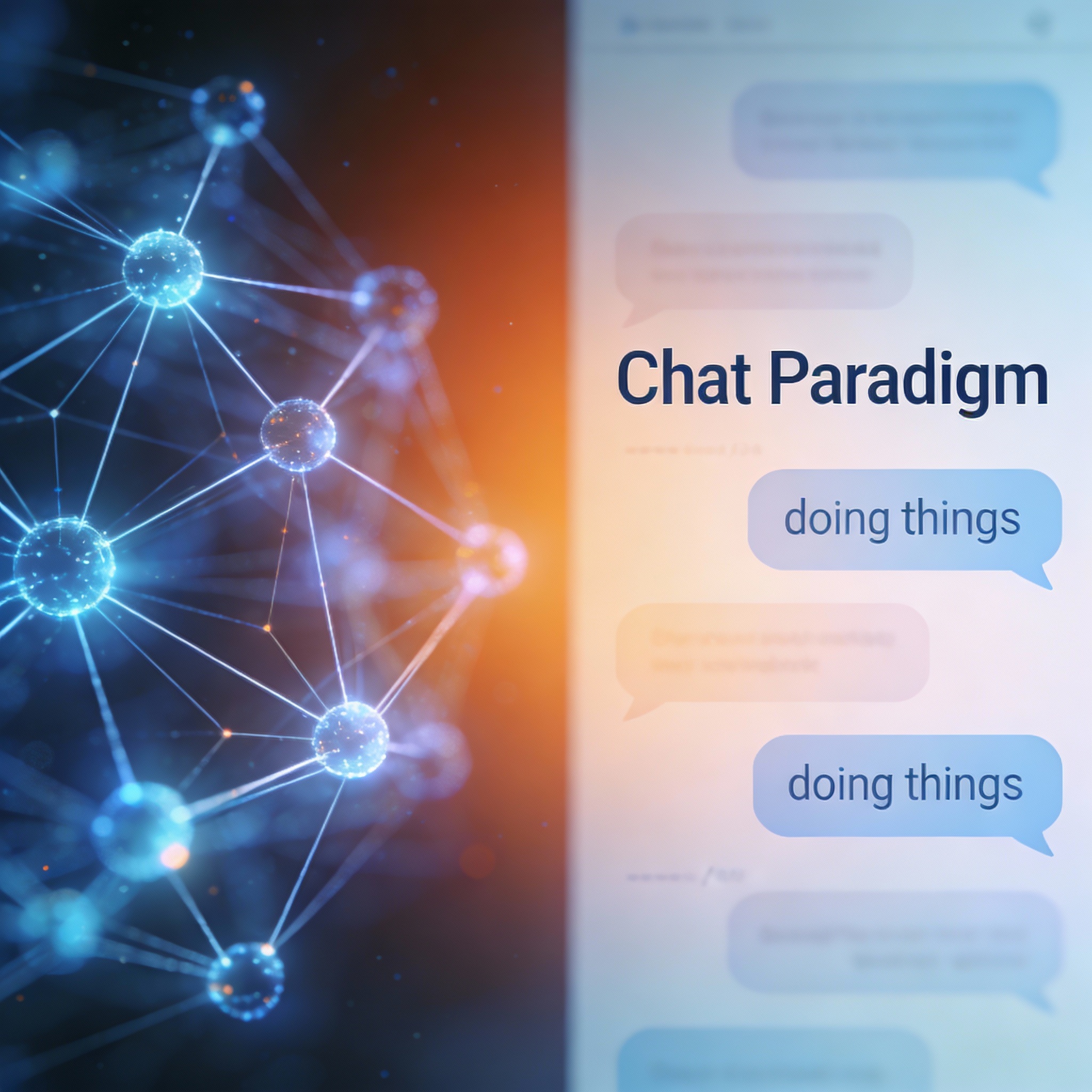 Abstract visual contrasting dynamic 'AI Action' with static 'Chat Paradigm', showing a shift in AI focus.