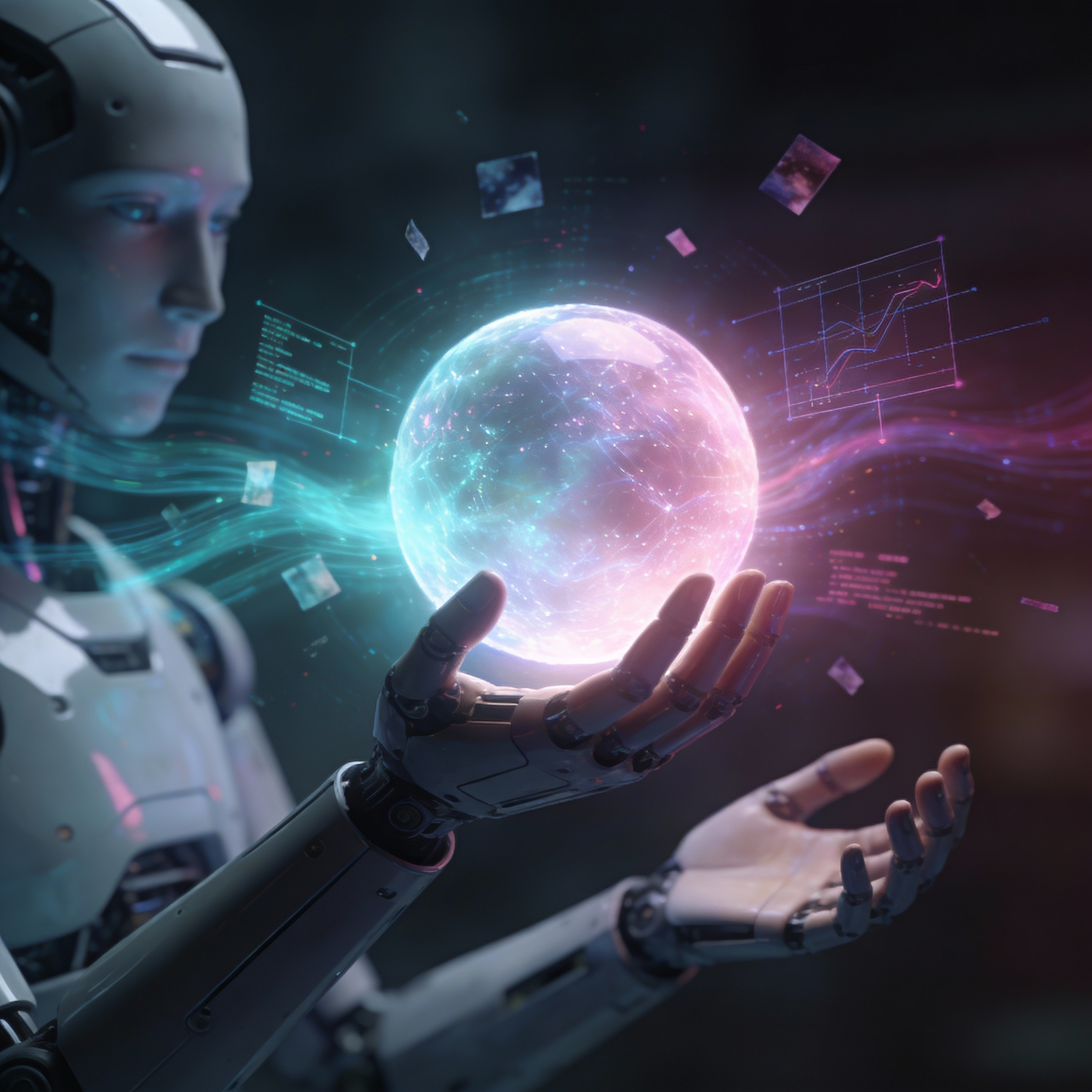 Robot hand holding a glowing sphere, symbolizing understanding vague instructions, memory, and translating thought into action.