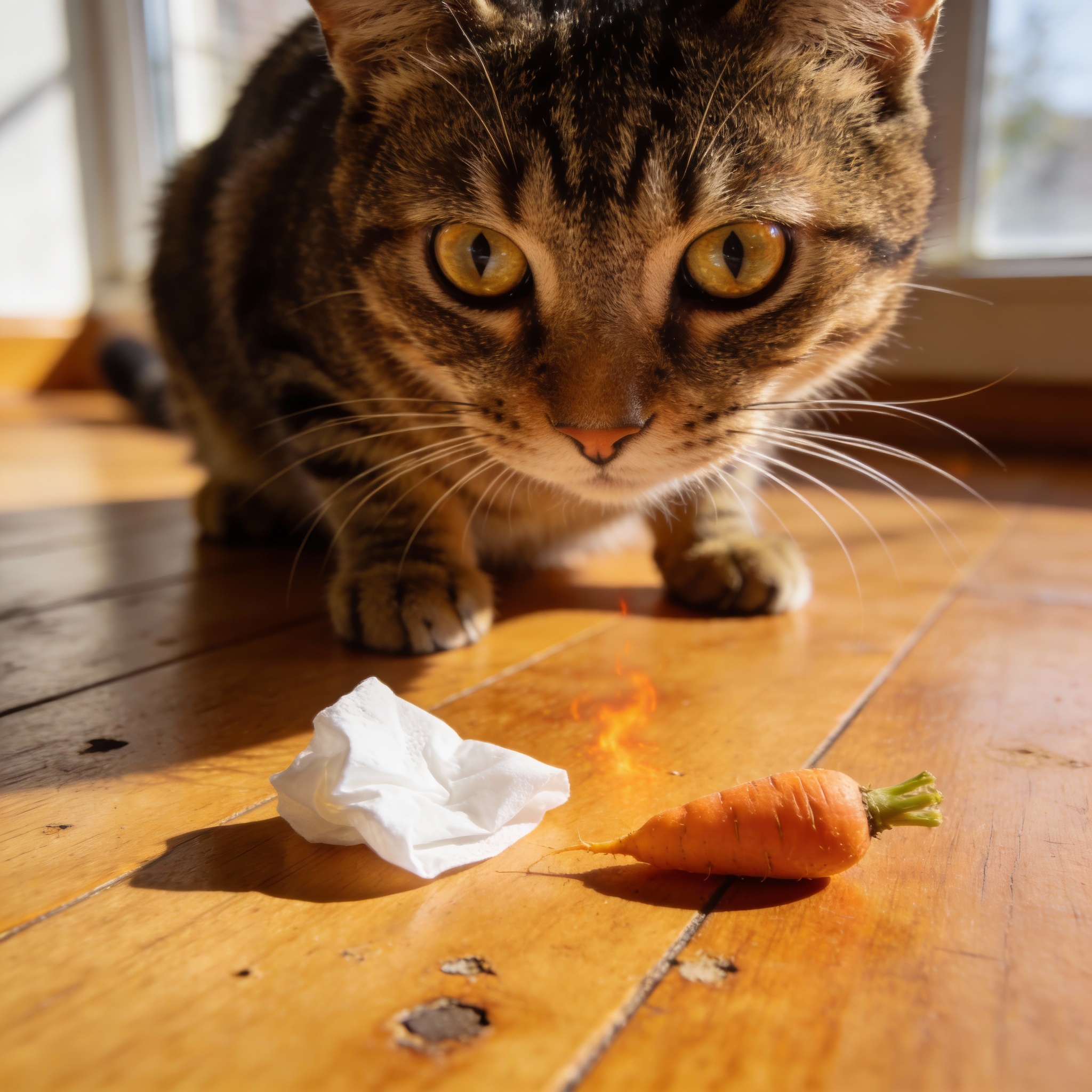 A cat with wide, anxious eyes intently examining a radish and a tissue on a wooden floor.