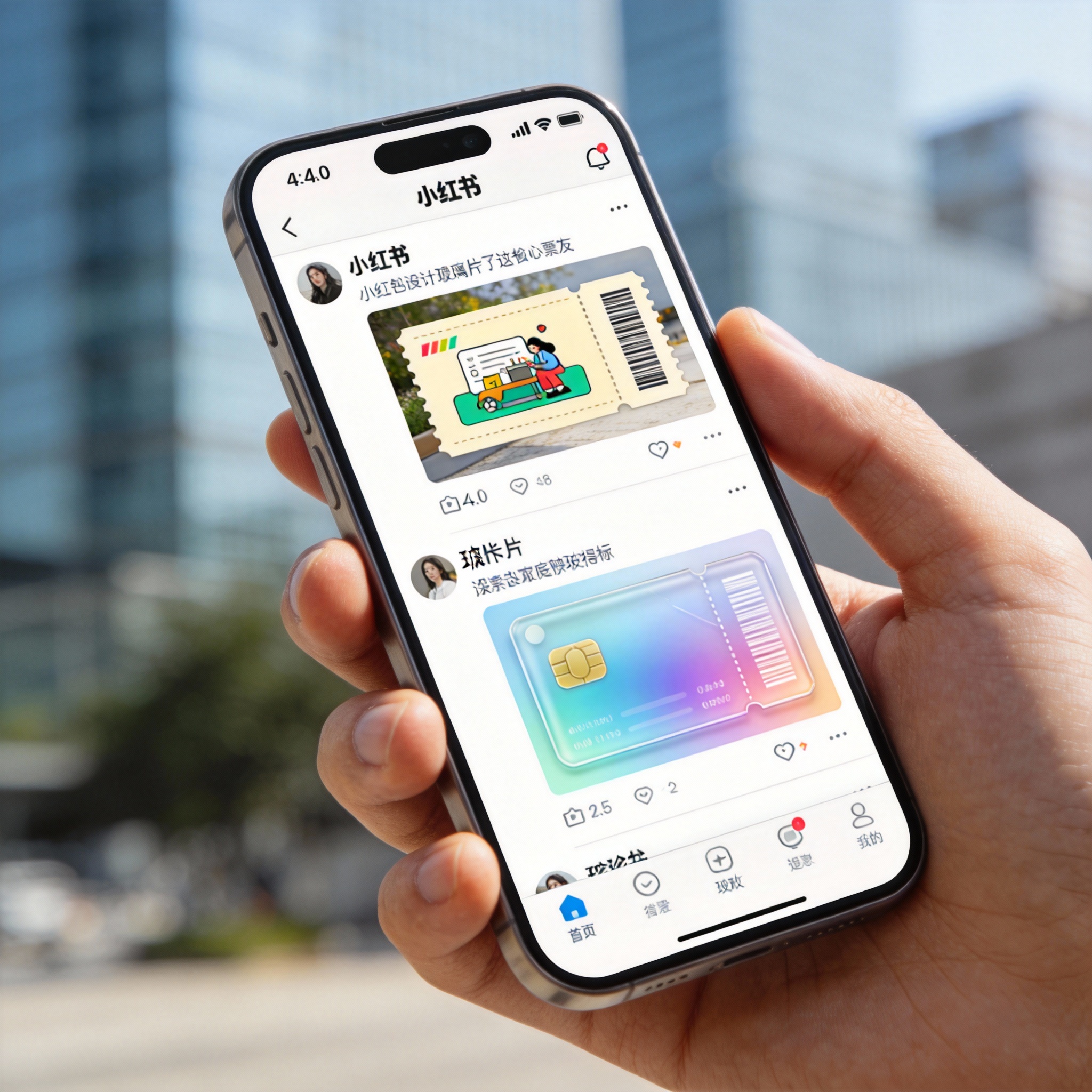 Smartphone displaying a social media feed with various ticket-style, vector, and gradient glass card images.