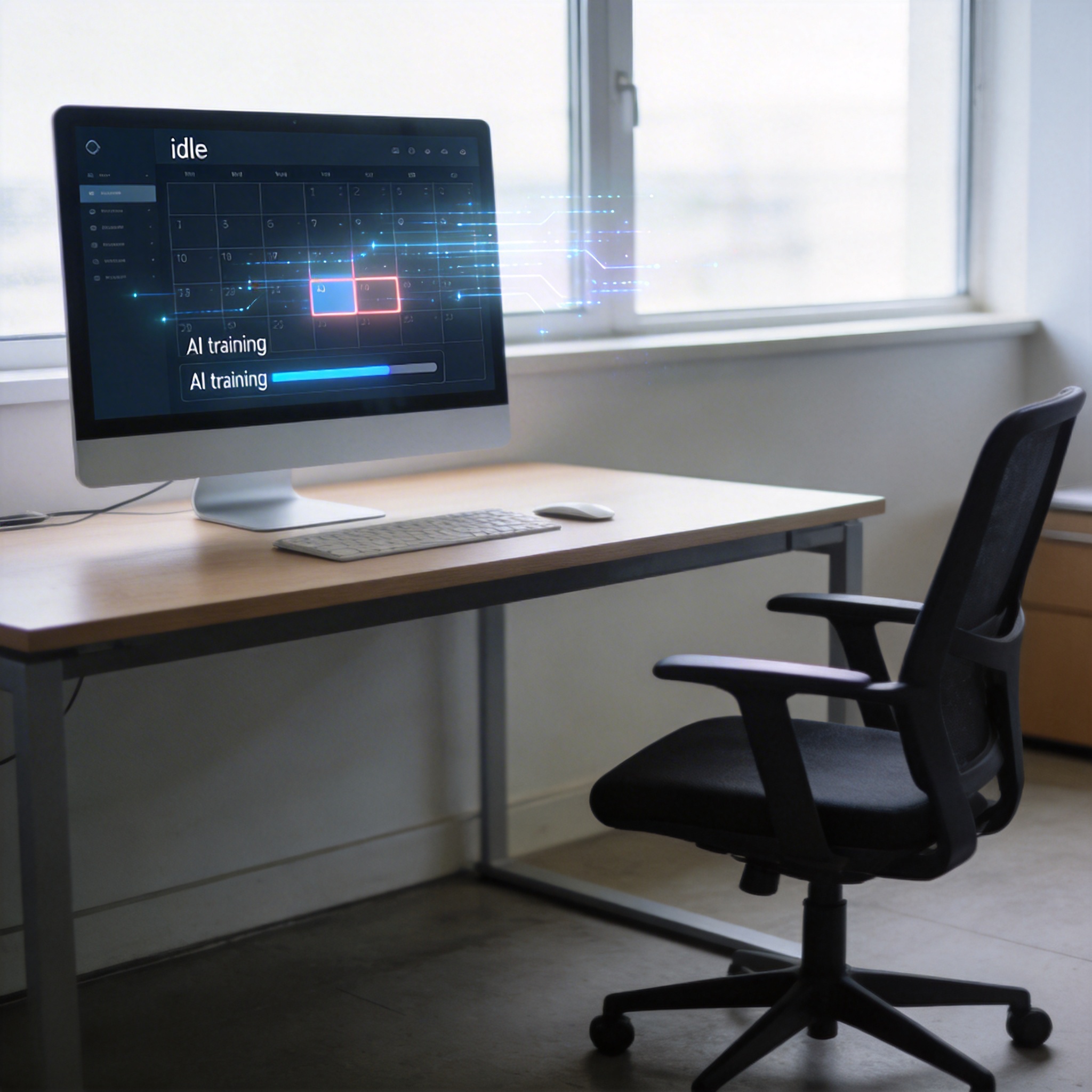 Computer screen showing an idle calendar and AI training in progress, symbolizing opportunistic scheduling.