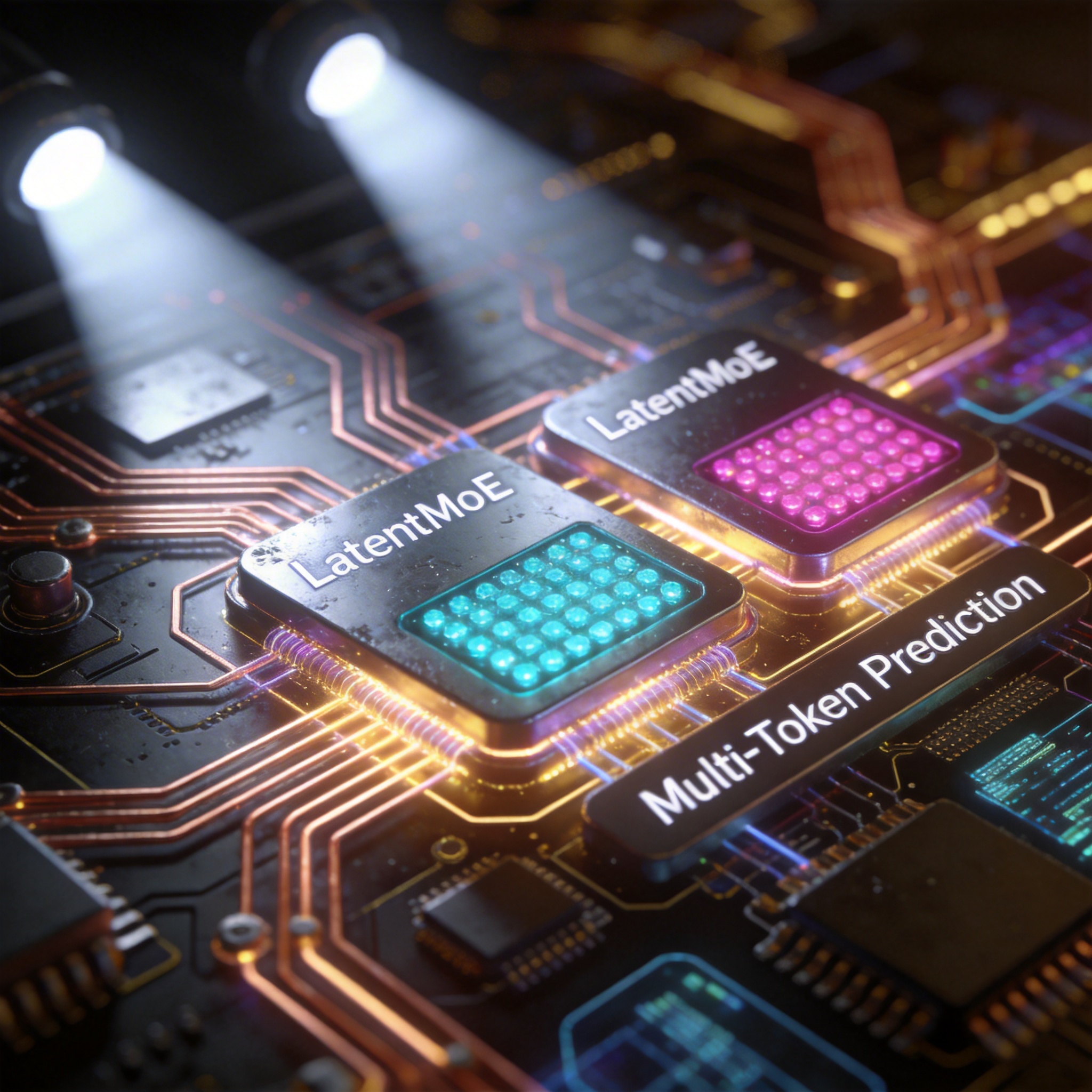 Visual representation of a Mamba-MoE hybrid AI architecture with glowing components.